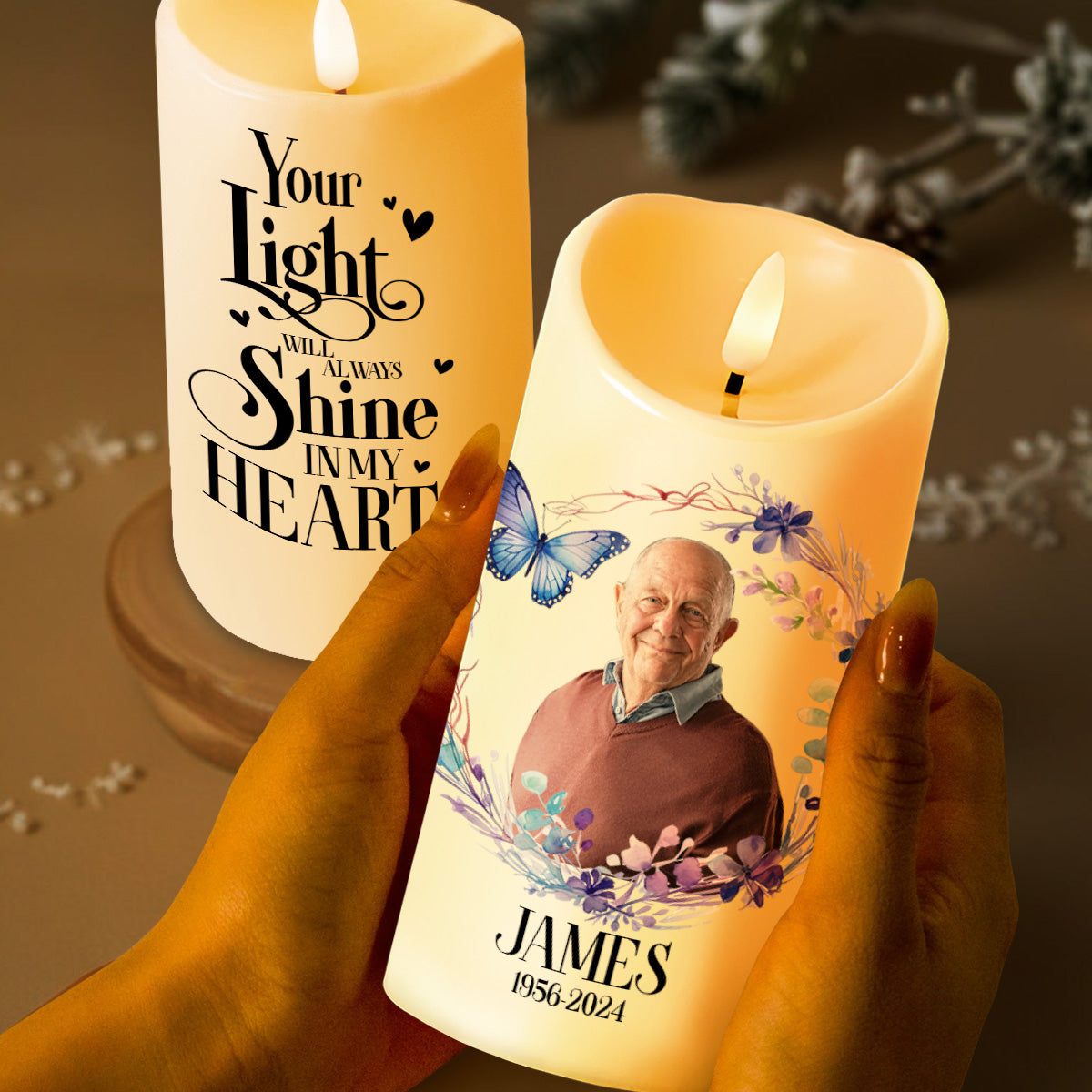 Your Light Will Always Shine In My Heart With Butterflies And Flowers - Personalized Custom LED Candle - HME077_LECA