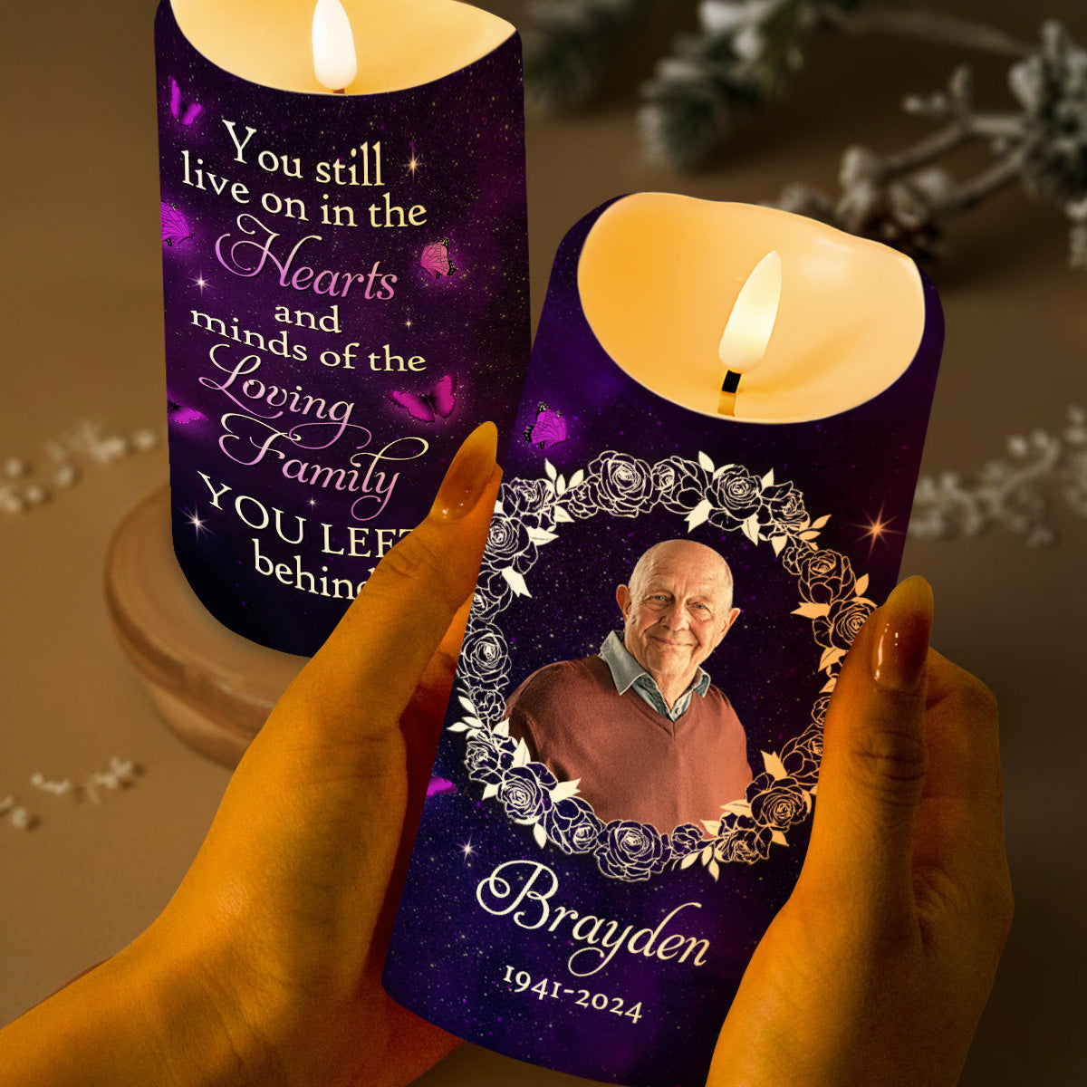 Hearts And Minds Of The Loving Family, Butterflies And Roses - Personalized Custom LED Candle - HME080_LECA
