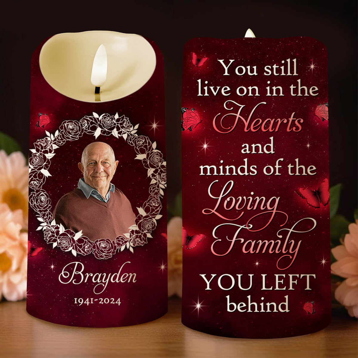 Hearts And Minds Of The Loving Family, Butterflies And Roses - Personalized Custom LED Candle - HME080_LECA