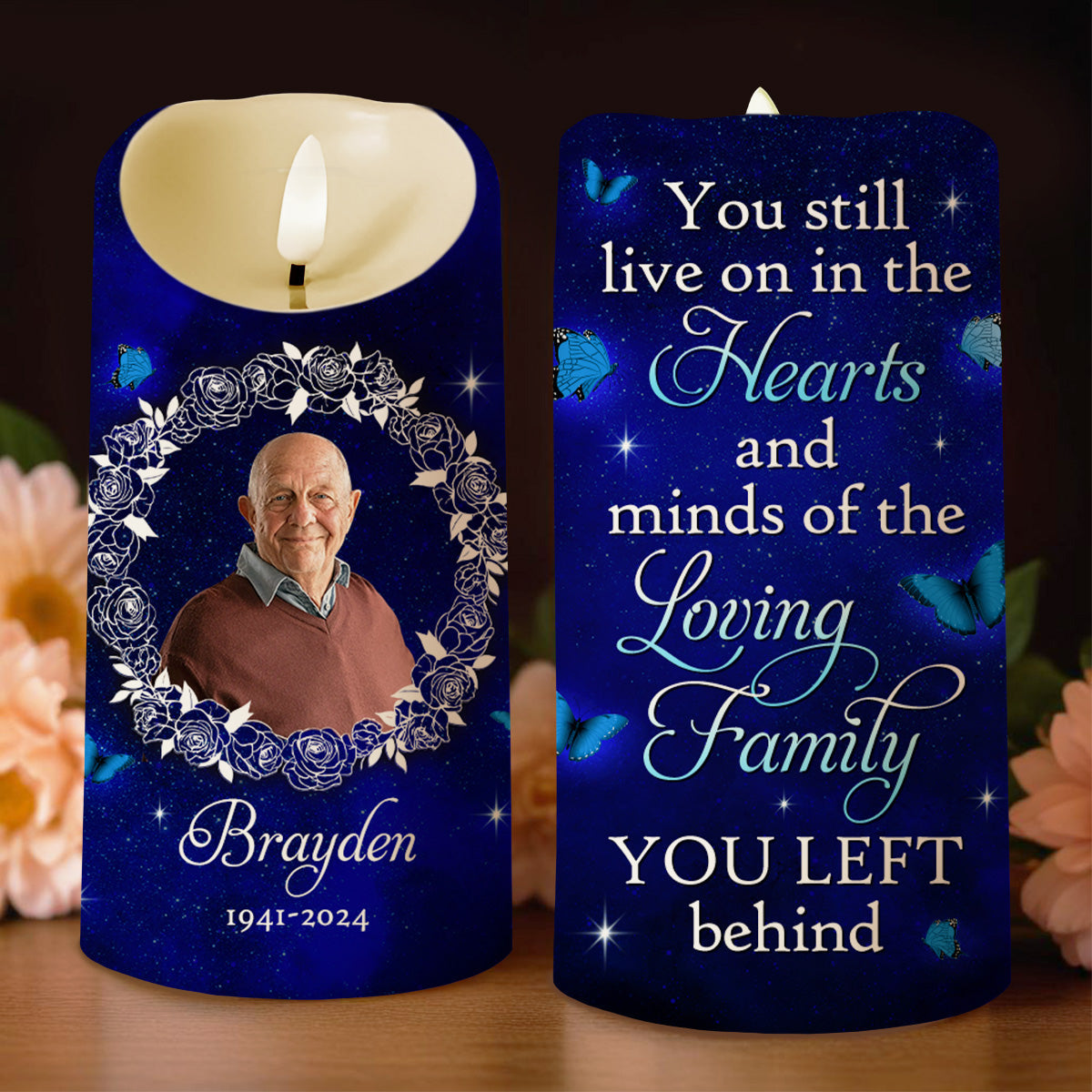 Hearts And Minds Of The Loving Family, Butterflies And Roses - Personalized Custom LED Candle - HME080_LECA