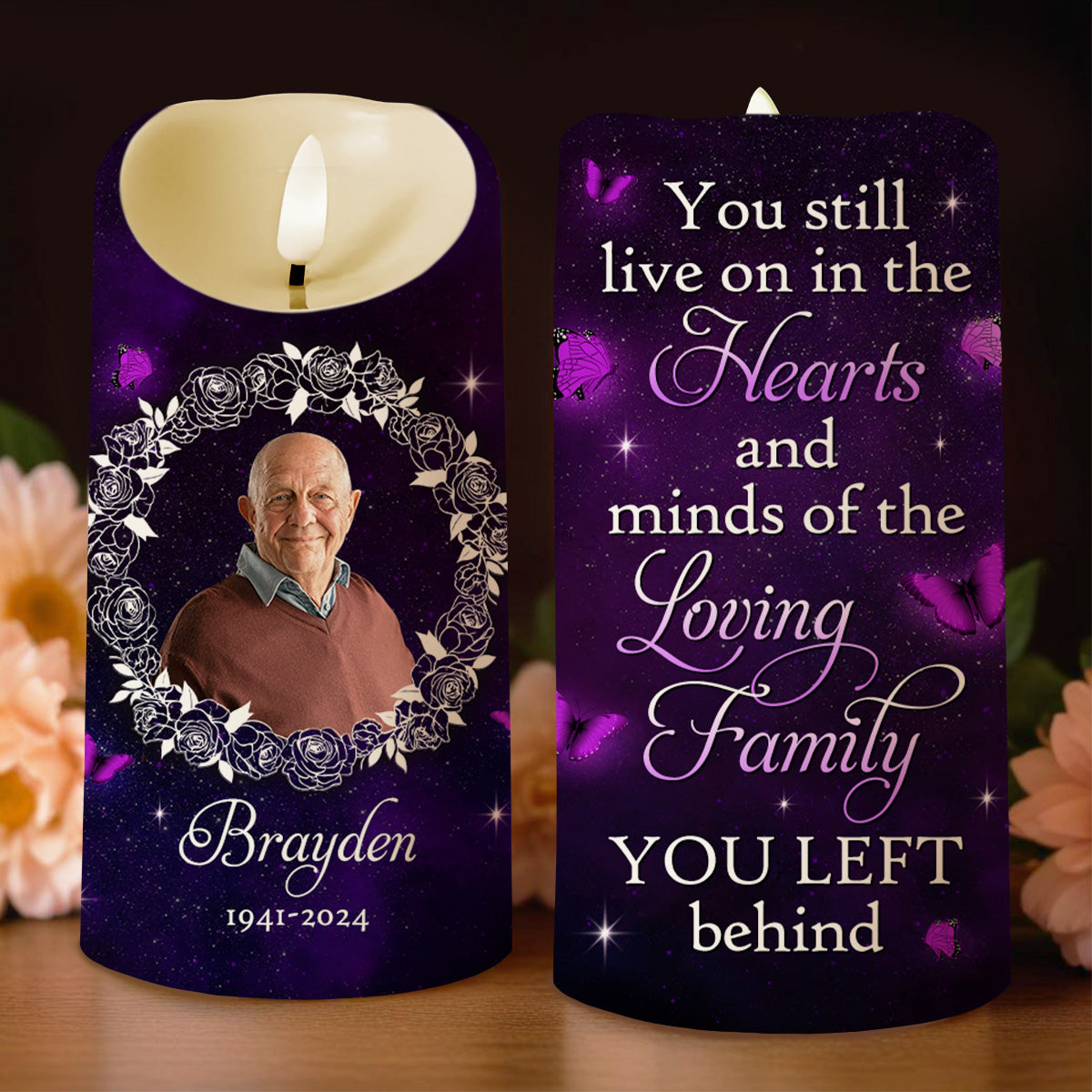 Hearts And Minds Of The Loving Family, Butterflies And Roses - Personalized Custom LED Candle - HME080_LECA