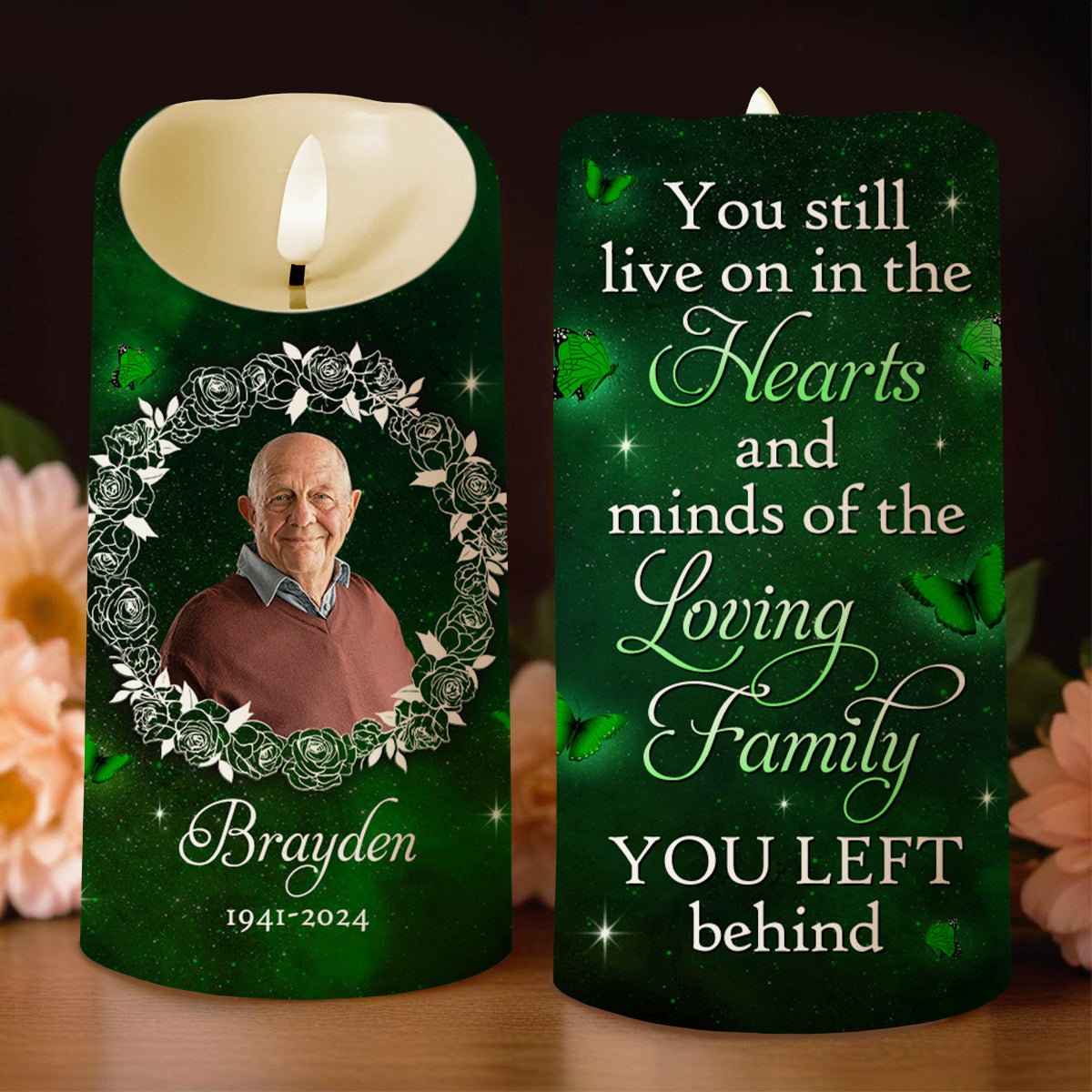 Hearts And Minds Of The Loving Family, Butterflies And Roses - Personalized Custom LED Candle - HME080_LECA