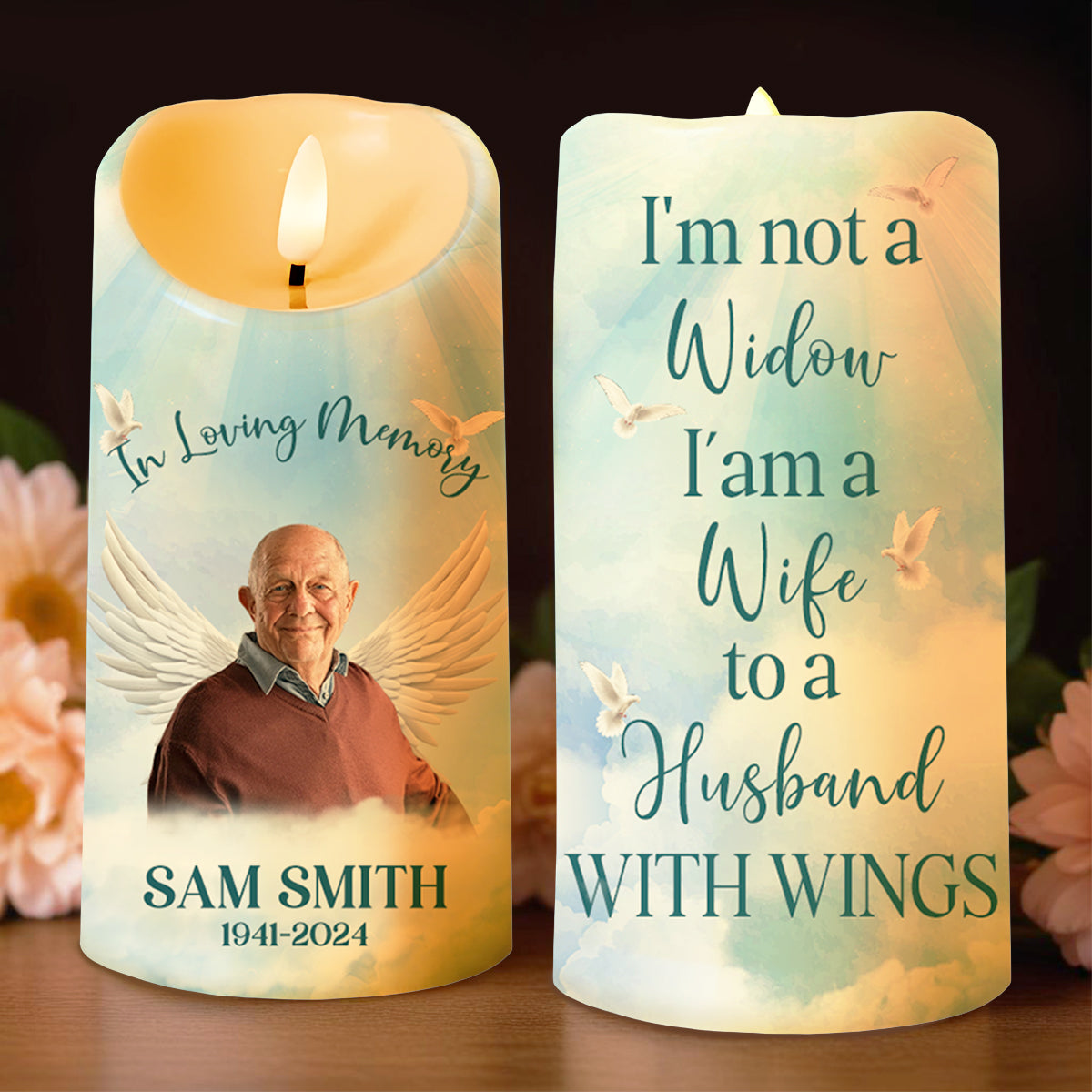 In Loving Memory, A Wife To A Husband With Wings - Personalized Custom LED Candle - HME109_LECA