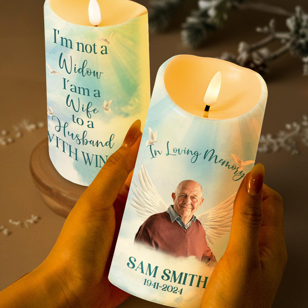 In Loving Memory, A Wife To A Husband With Wings - Personalized Custom LED Candle - HME109_LECA