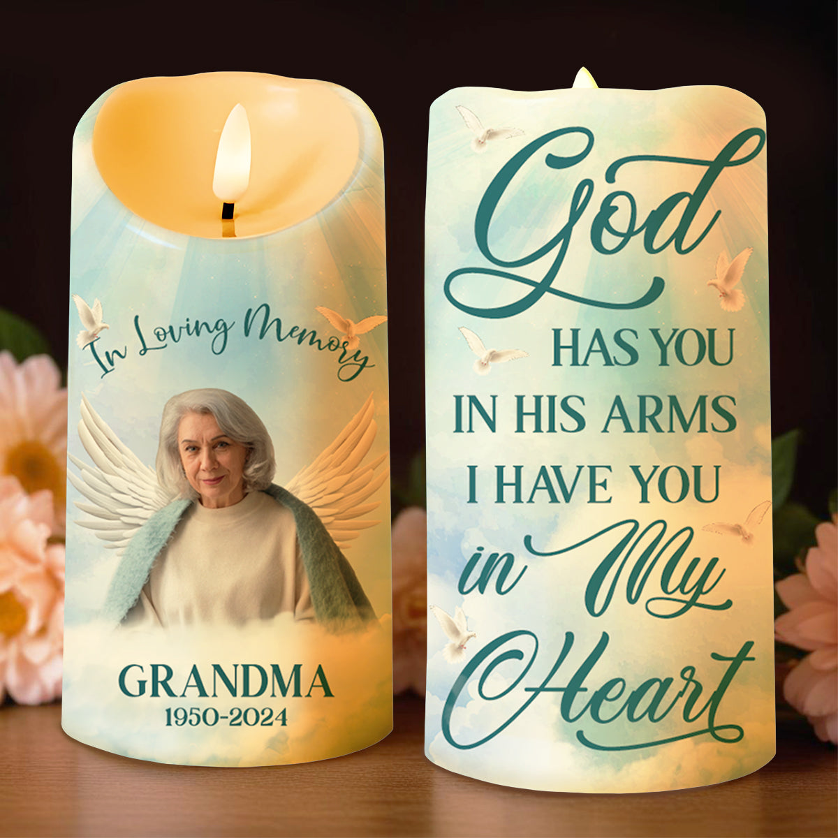 God Has You In His Arms, I Have You In My Heart With Dove And Angel Wings - Personalized Custom LED Candle - HME111_LECA