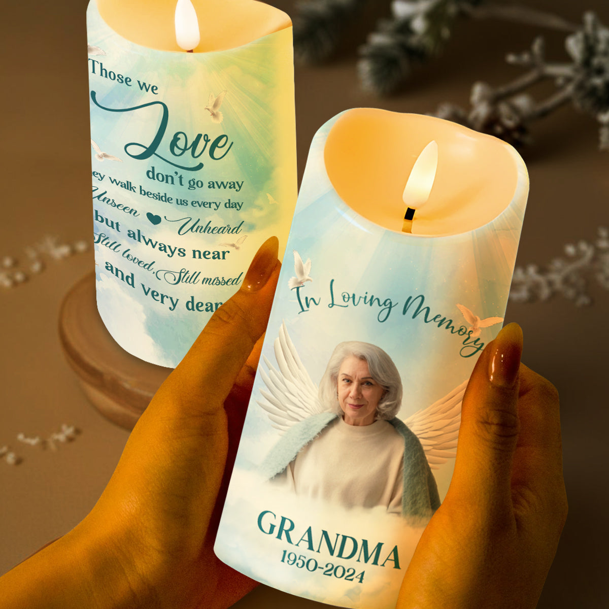 Those We Love Don't Go Away Memorial Candle - Personalized Custom LED Candle - HME112_LECA
