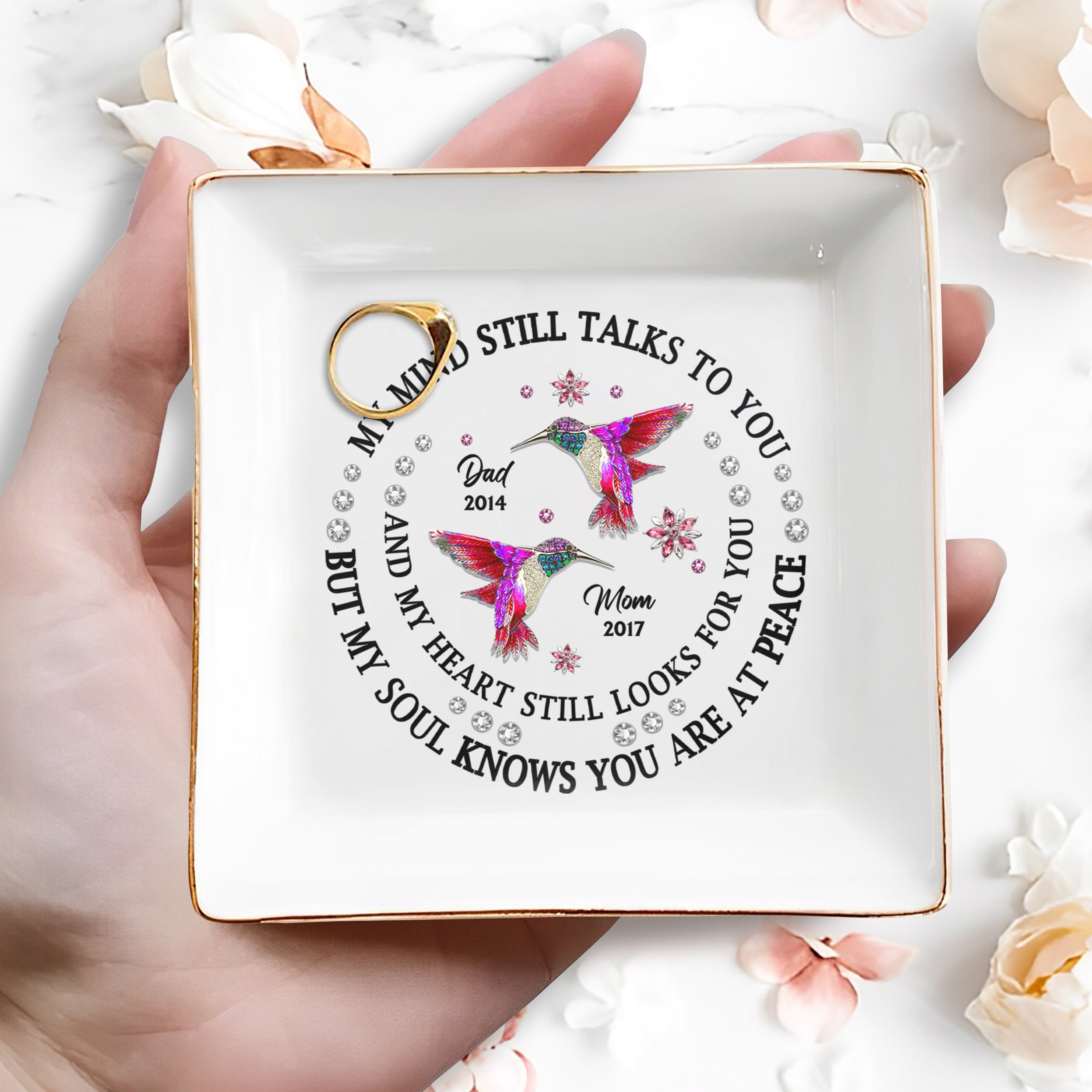 My Mind Still Talks To You, Hummingbirds Memorial Jewelry Dish - Personalized Custom Jewelry Dish - HME123_SCRD