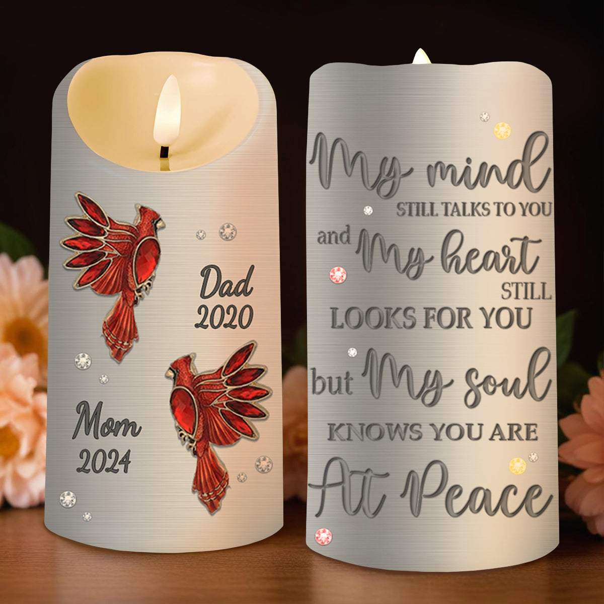 Red Cardinal Memorial Text Soul At Peace - Personalized Custom LED Candle - HME124_LECA