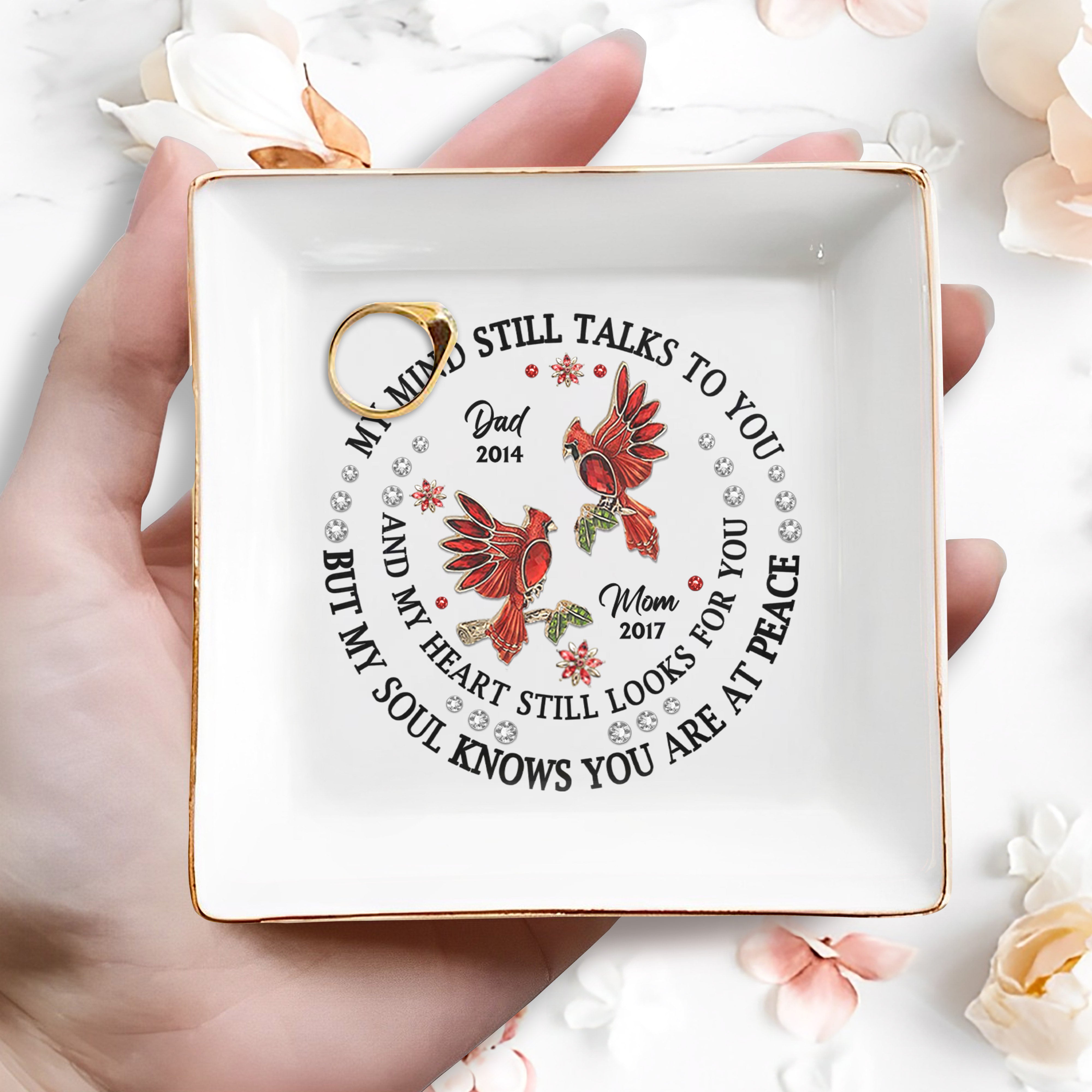 My Mind Still Talks To You Cardinal And Flowers Design - Personalized Custom Jewelry Dish - HME124_SCRD