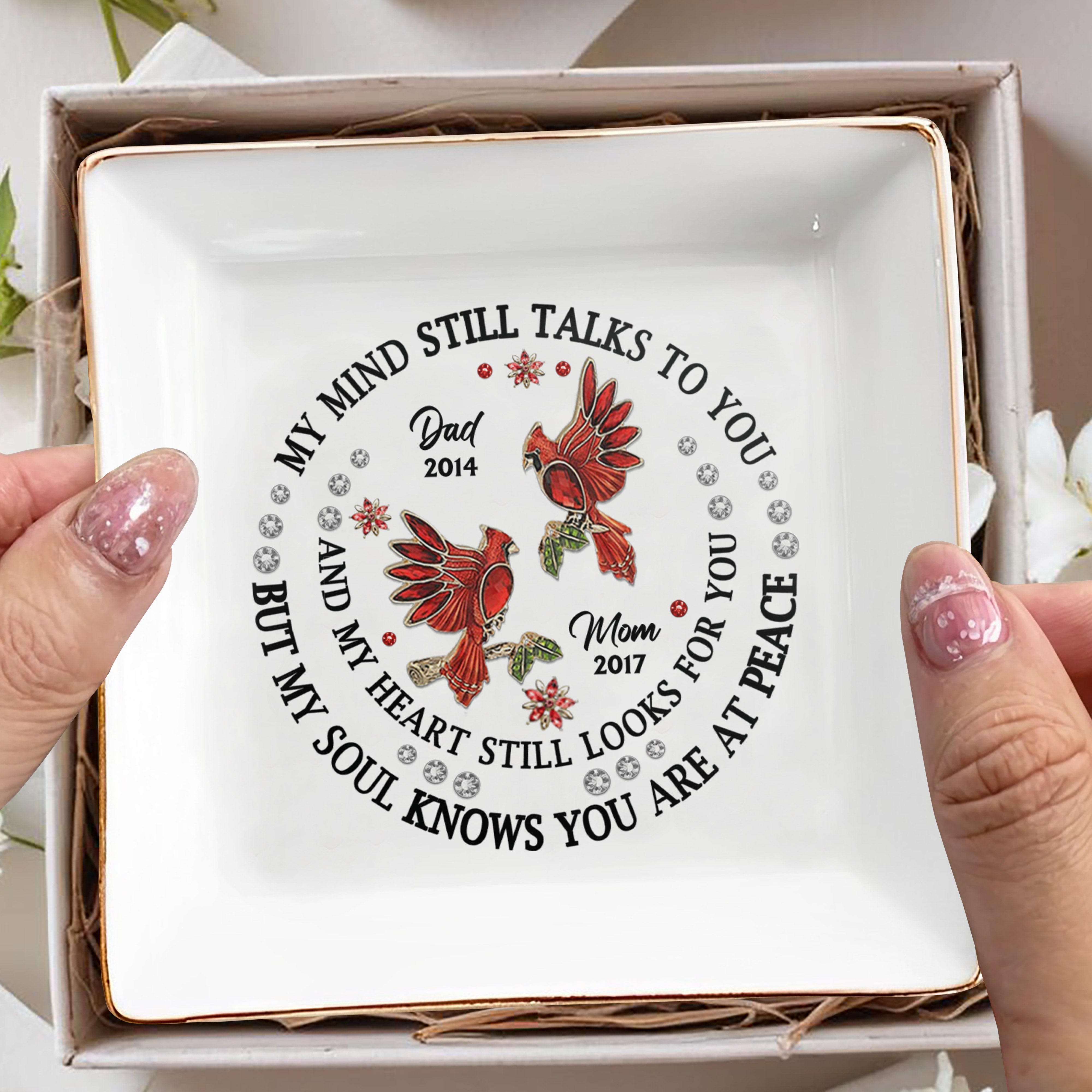 My Mind Still Talks To You Cardinal And Flowers Design - Personalized Custom Jewelry Dish - HME124_SCRD