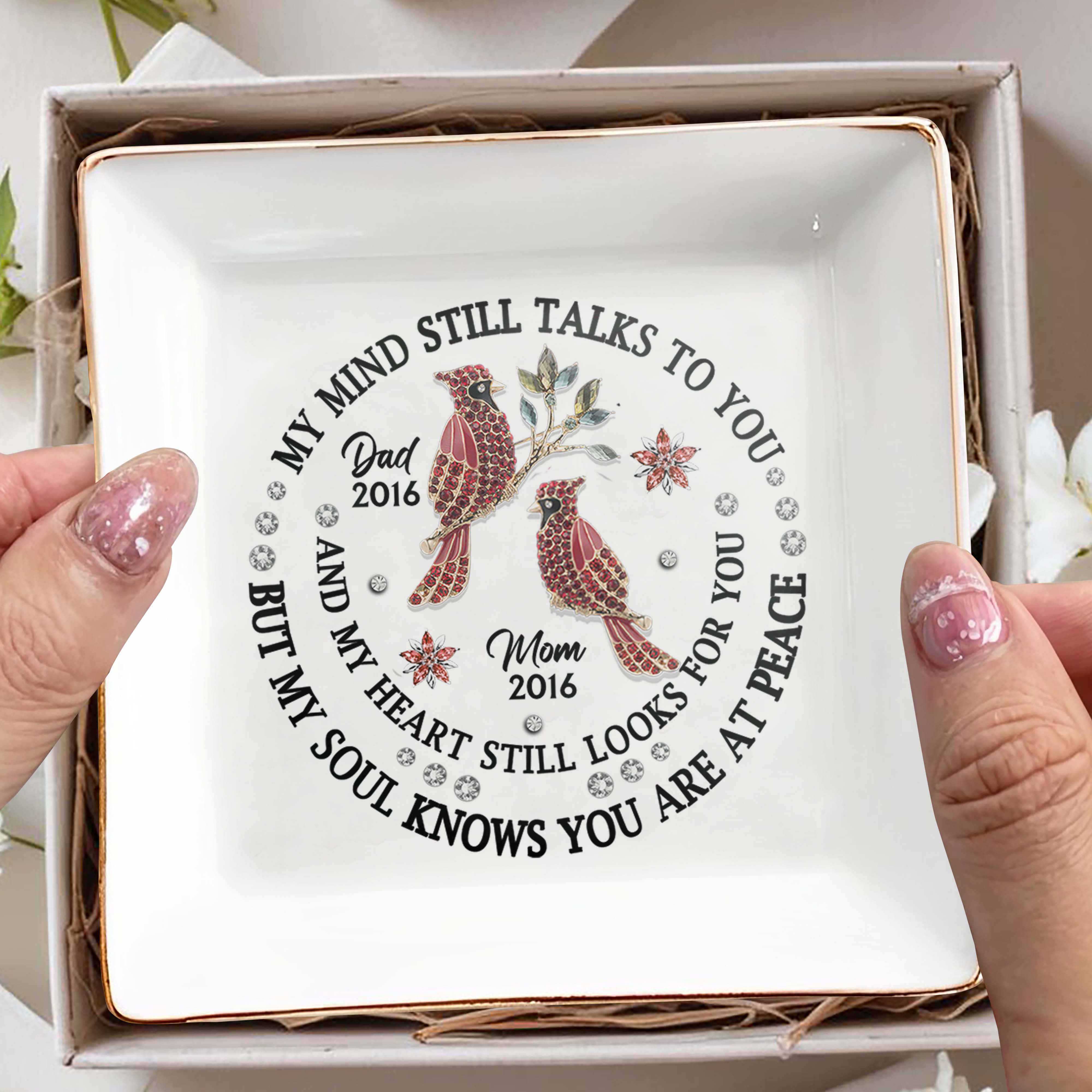 Heartfelt Memorial Message With Birds And Flowers - Personalized Custom Jewelry Dish - HME125_SCRD