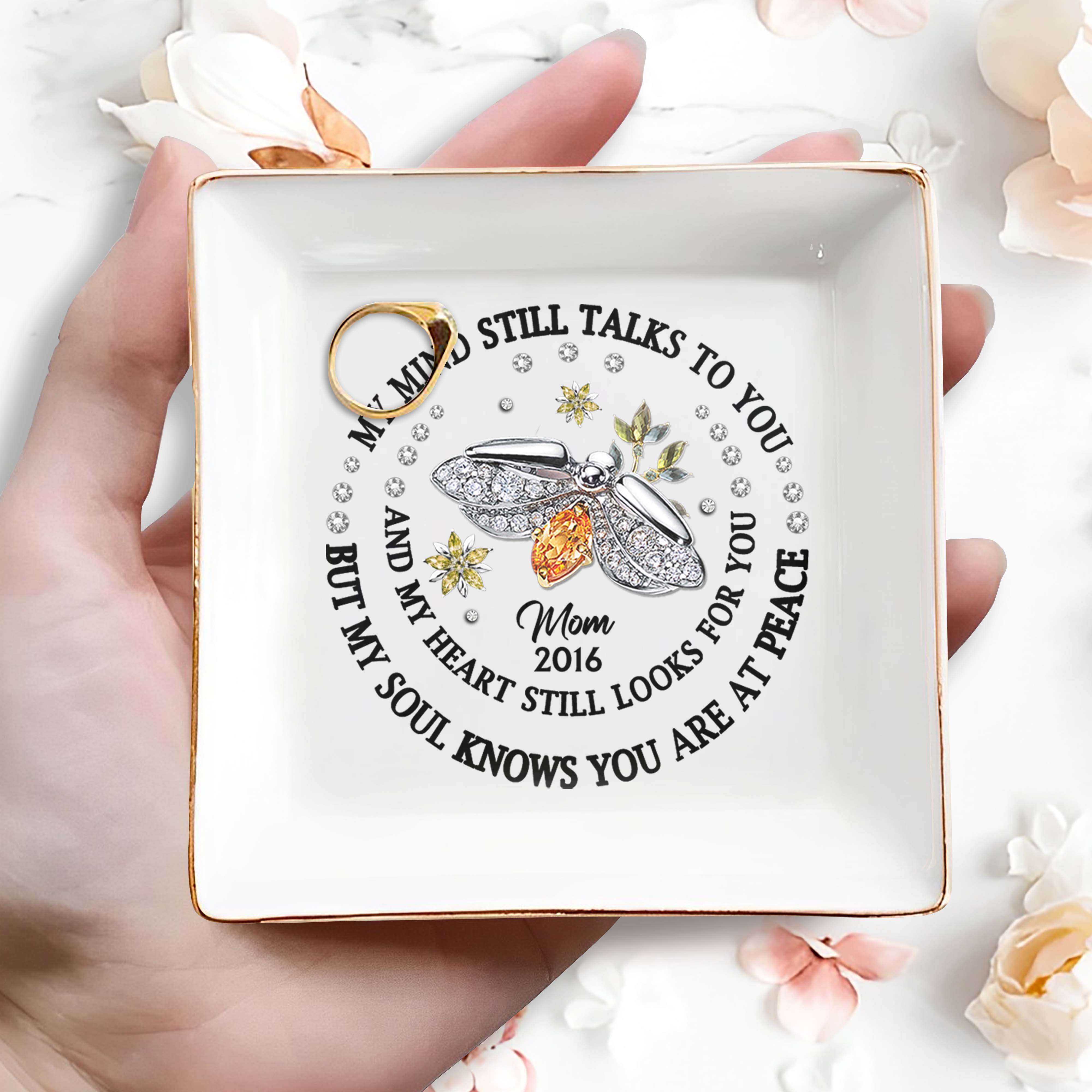 My Mind Talks To You Bee And Flowers Memorial Dish - Personalized Custom Jewelry Dish - HME127_SCRD