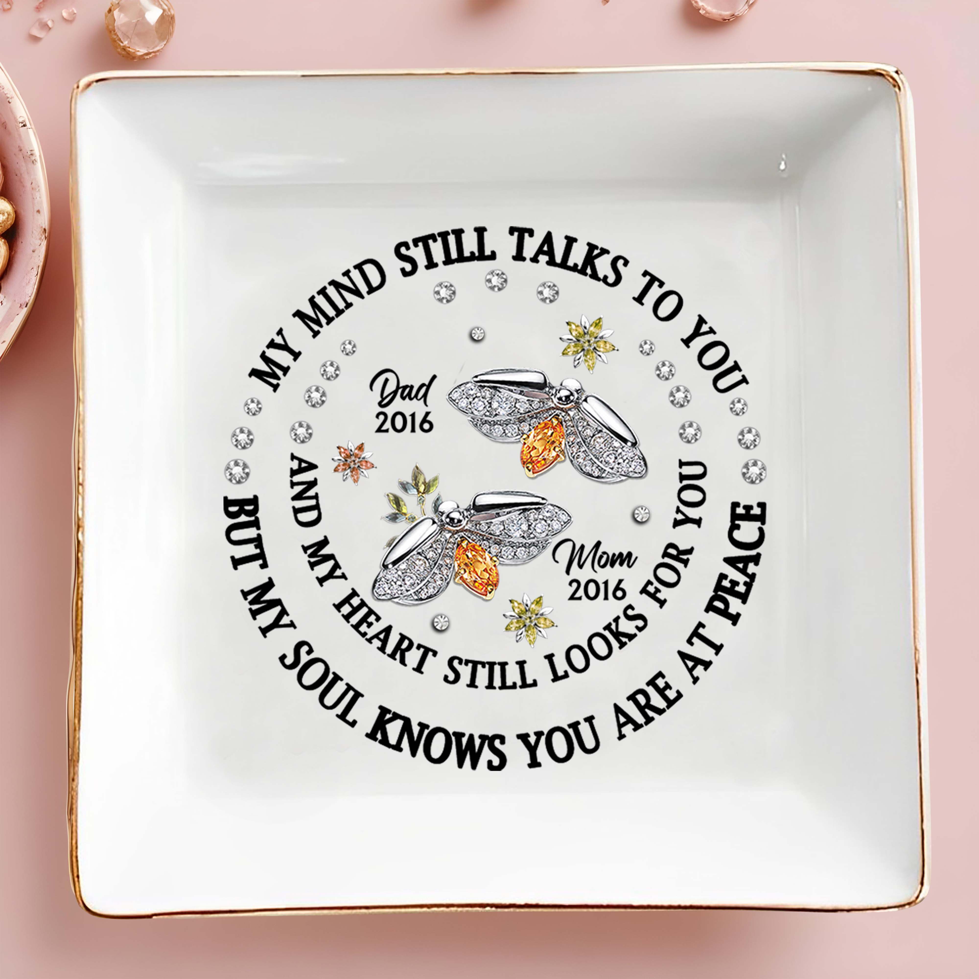 My Mind Talks To You Bee And Flowers Memorial Dish - Personalized Custom Jewelry Dish - HME127_SCRD