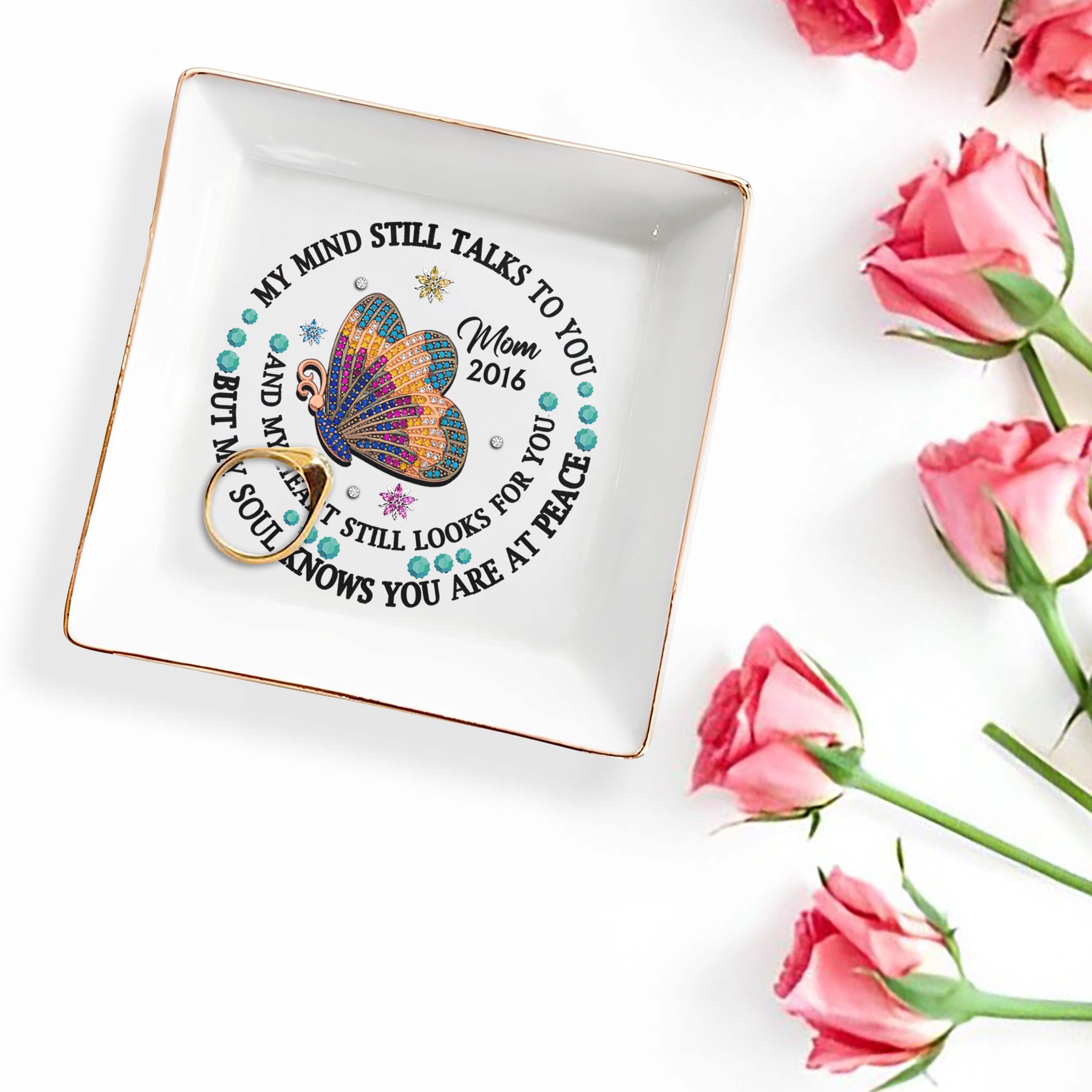 Butterfly Jewel Design With Heartfelt Message - Personalized Custom Jewelry Dish - HME128_SCRD