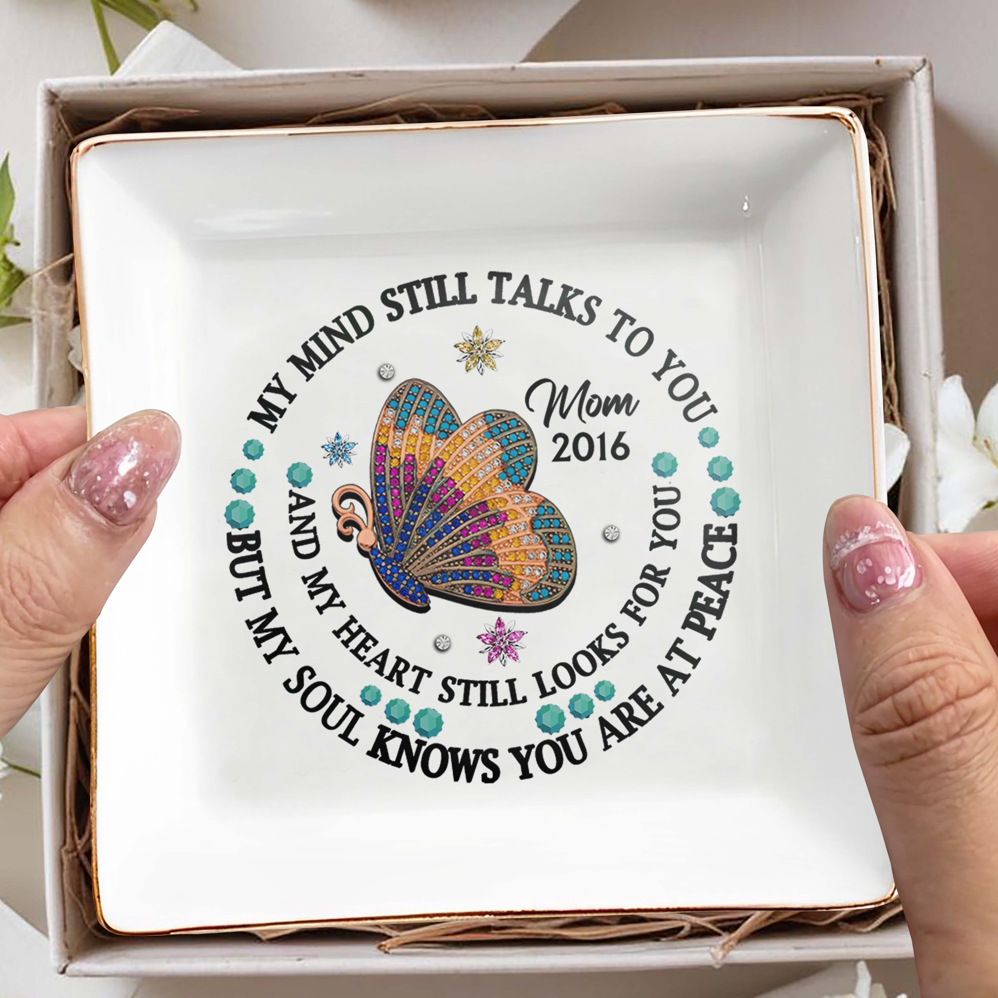 Butterfly Jewel Design With Heartfelt Message - Personalized Custom Jewelry Dish - HME128_SCRD