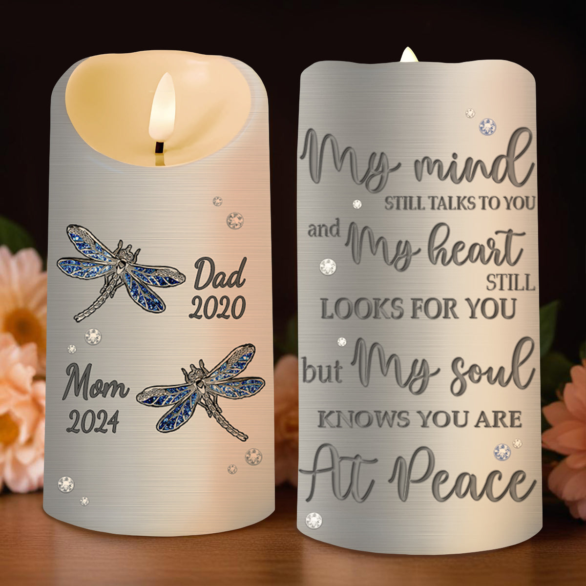 Soulful Remembrance LED Candle With Dragonflies And Flowers - Personalized Custom LED Candle - HME129_LECA