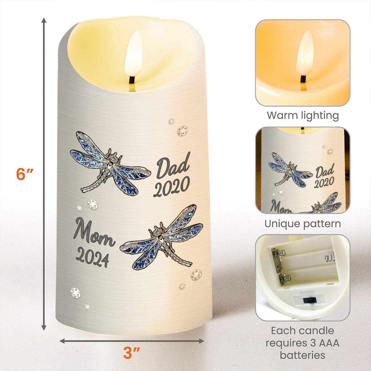 Soulful Remembrance LED Candle With Dragonflies And Flowers - Personalized Custom LED Candle - HME129_LECA