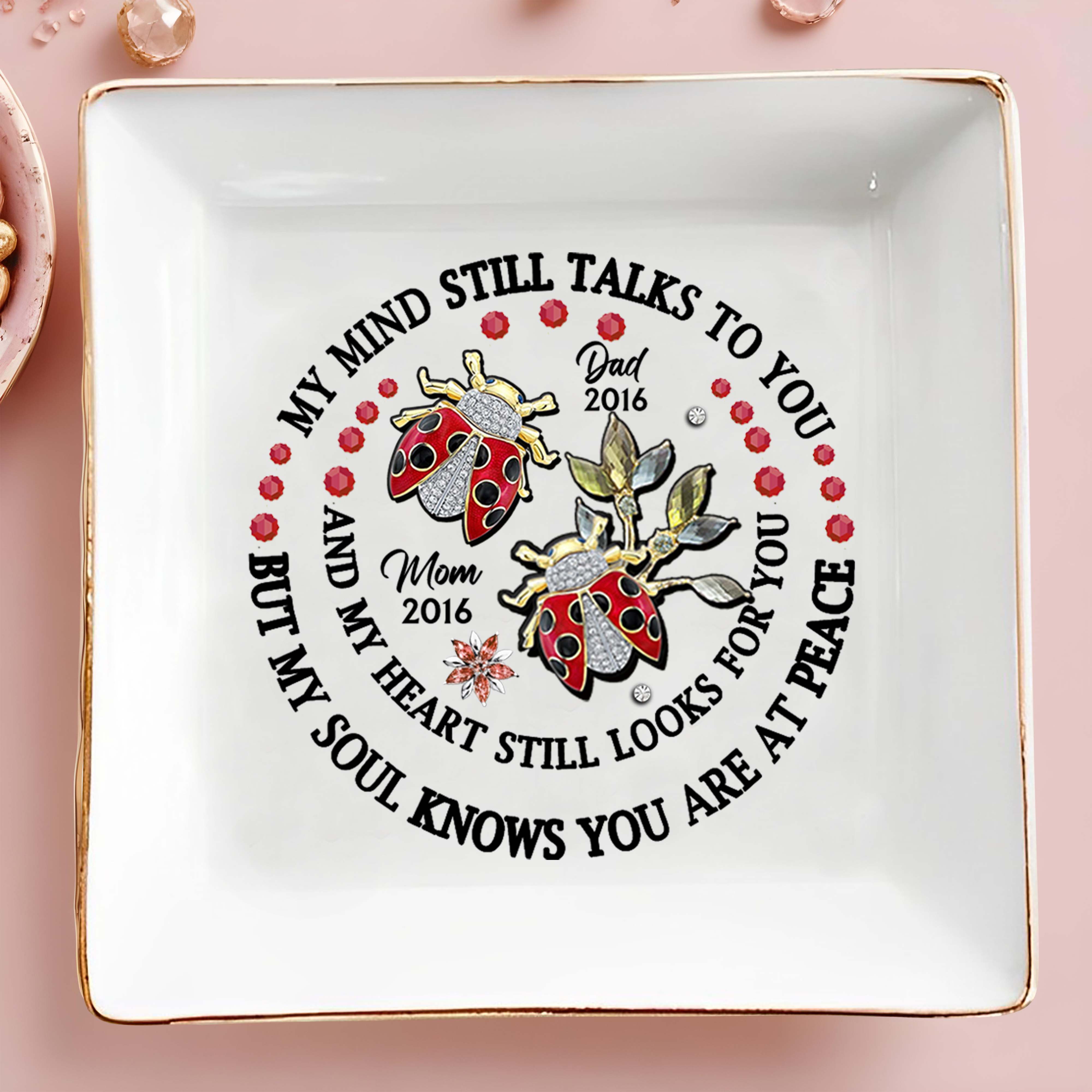 Memorial Jewelry Dish With Ladybugs And Flowers - Personalized Custom Jewelry Dish - HME134_SCRD