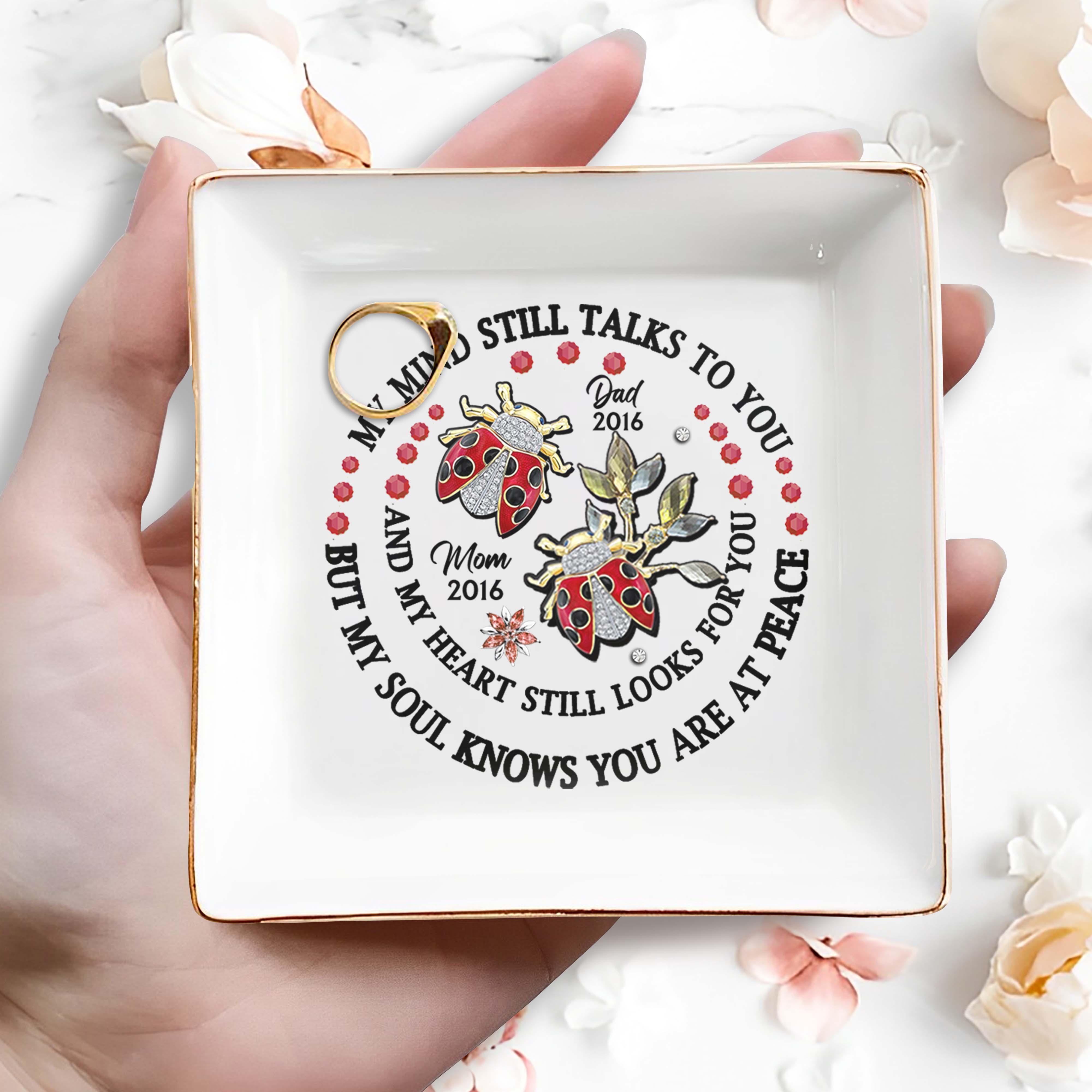 Memorial Jewelry Dish With Ladybugs And Flowers - Personalized Custom Jewelry Dish - HME134_SCRD
