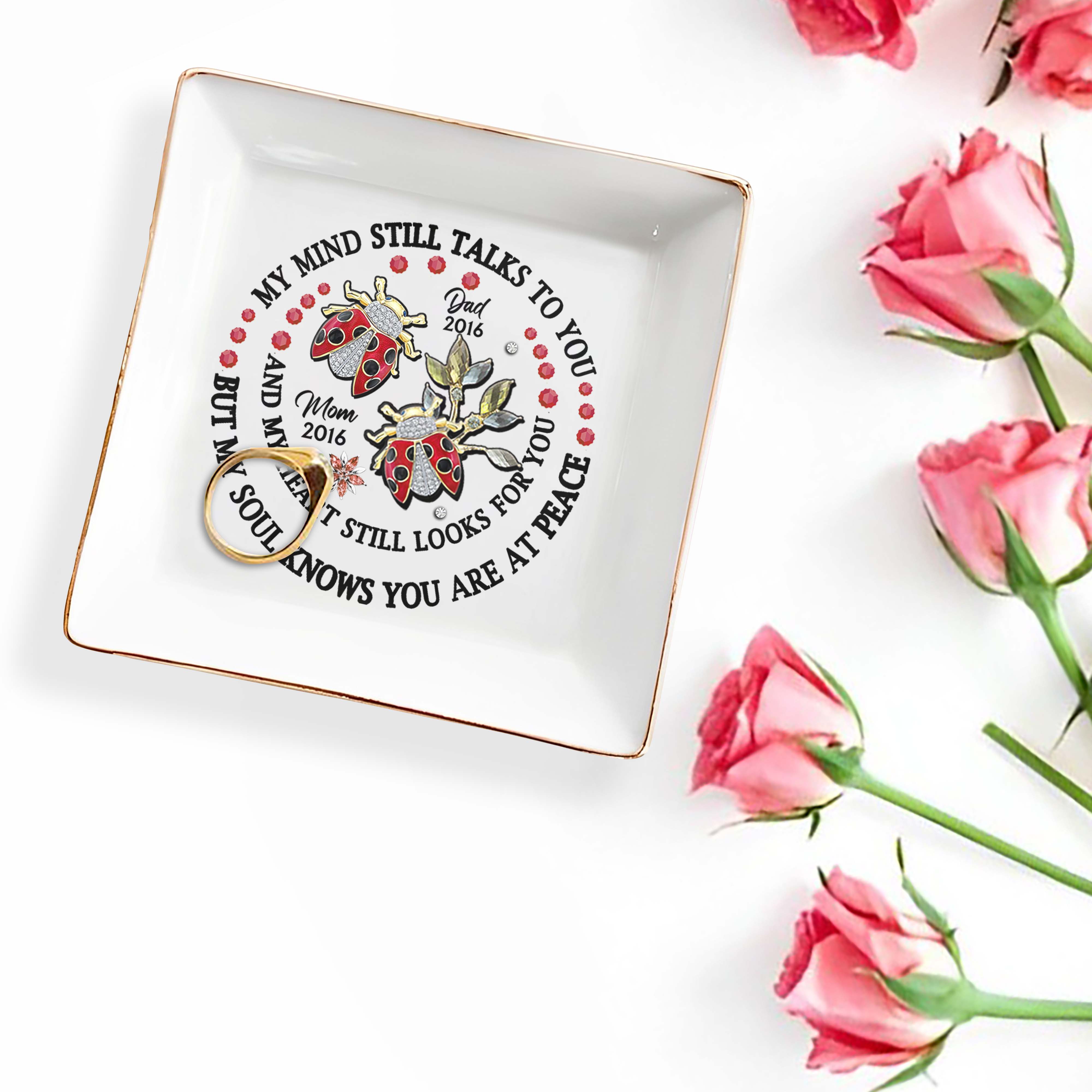 Memorial Jewelry Dish With Ladybugs And Flowers - Personalized Custom Jewelry Dish - HME134_SCRD