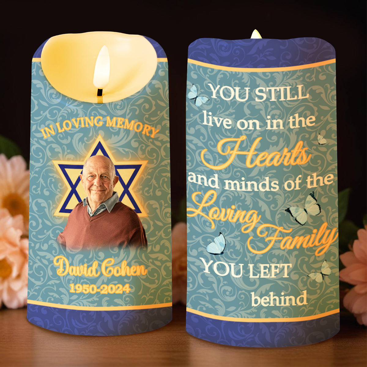 Live On In The Hearts, Star Of David And Butterflies LED Candle - Personalized Custom LED Candle - HME135_LECA