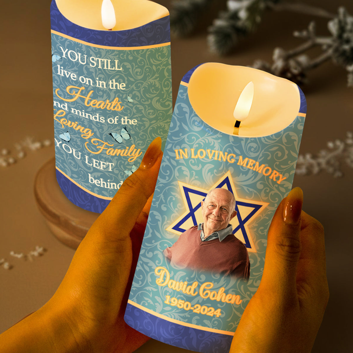Live On In The Hearts, Star Of David And Butterflies LED Candle - Personalized Custom LED Candle - HME135_LECA
