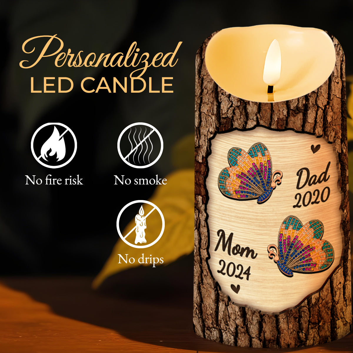Butterfly And Heart Memorial Custom LED Candle - Personalized Custom LED Candle - HME136_LECA