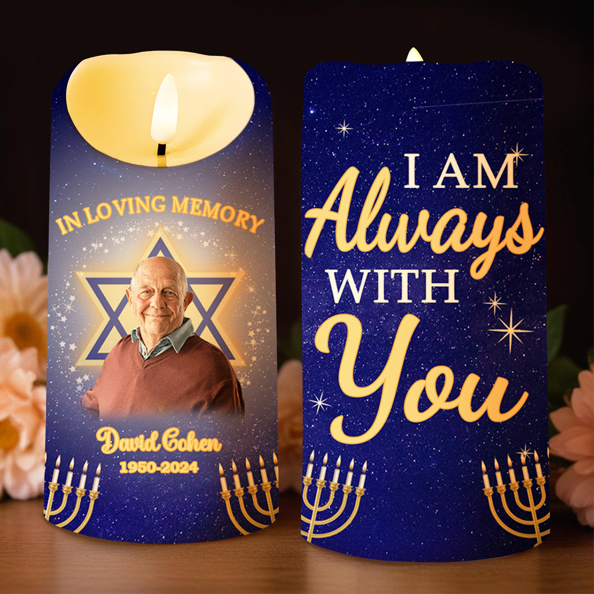 In Loving Memory Always With You Star Of David Menorah - Personalized Custom LED Candle - HME138_LECA