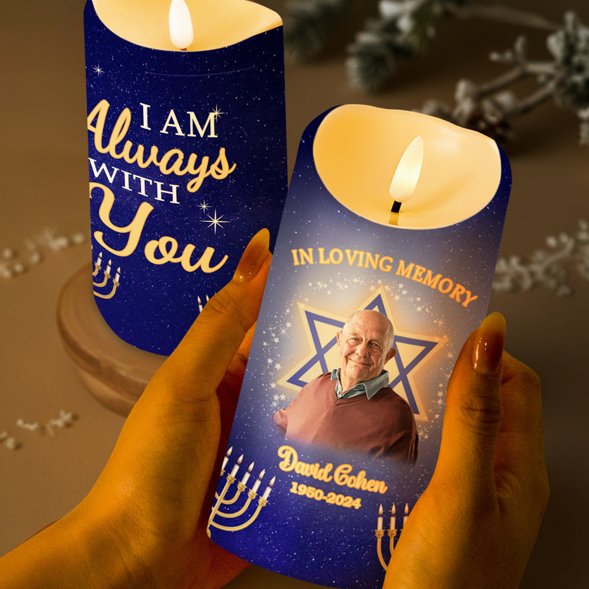 In Loving Memory Always With You Star Of David Menorah - Personalized Custom LED Candle - HME138_LECA