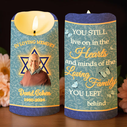 You Live On In Hearts, Star Of David, Butterflies And Floral Memory Candle - Personalized Custom LED Candle - HME139_LECA