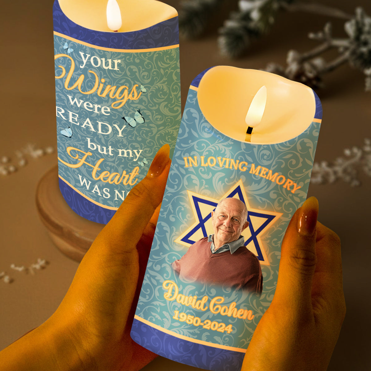 You Live On In Hearts, Star Of David, Butterflies And Floral Memory Candle - Personalized Custom LED Candle - HME139_LECA