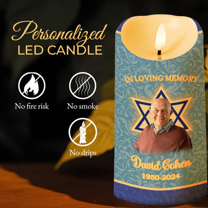You Live On In Hearts, Star Of David, Butterflies And Floral Memory Candle - Personalized Custom LED Candle - HME139_LECA