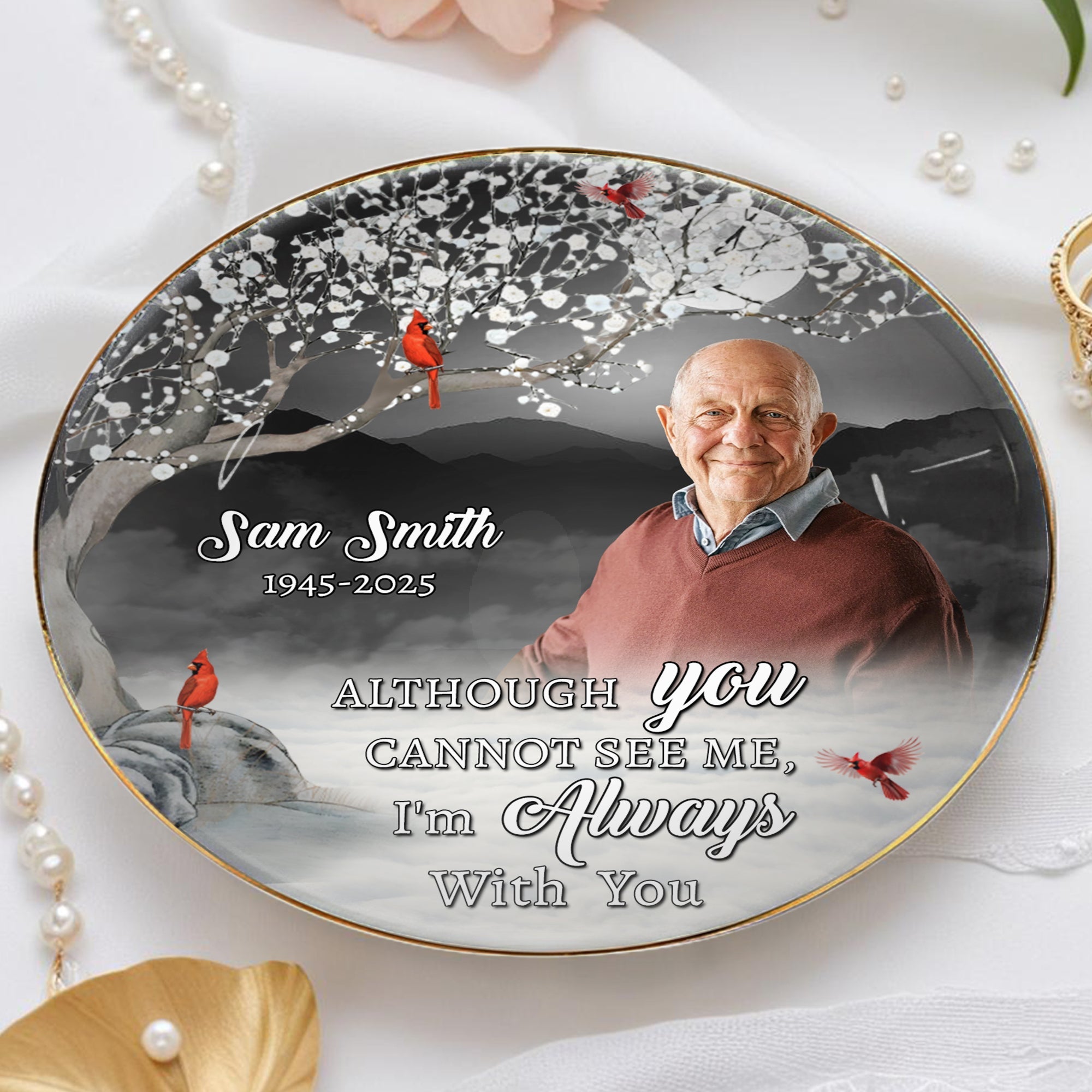 Always With You Memorial Ceramic Dish With Cardinal Birds - Personalized Custom Jewelry Dish, Ceramic Dish, Round Shape - HME157_RCRF