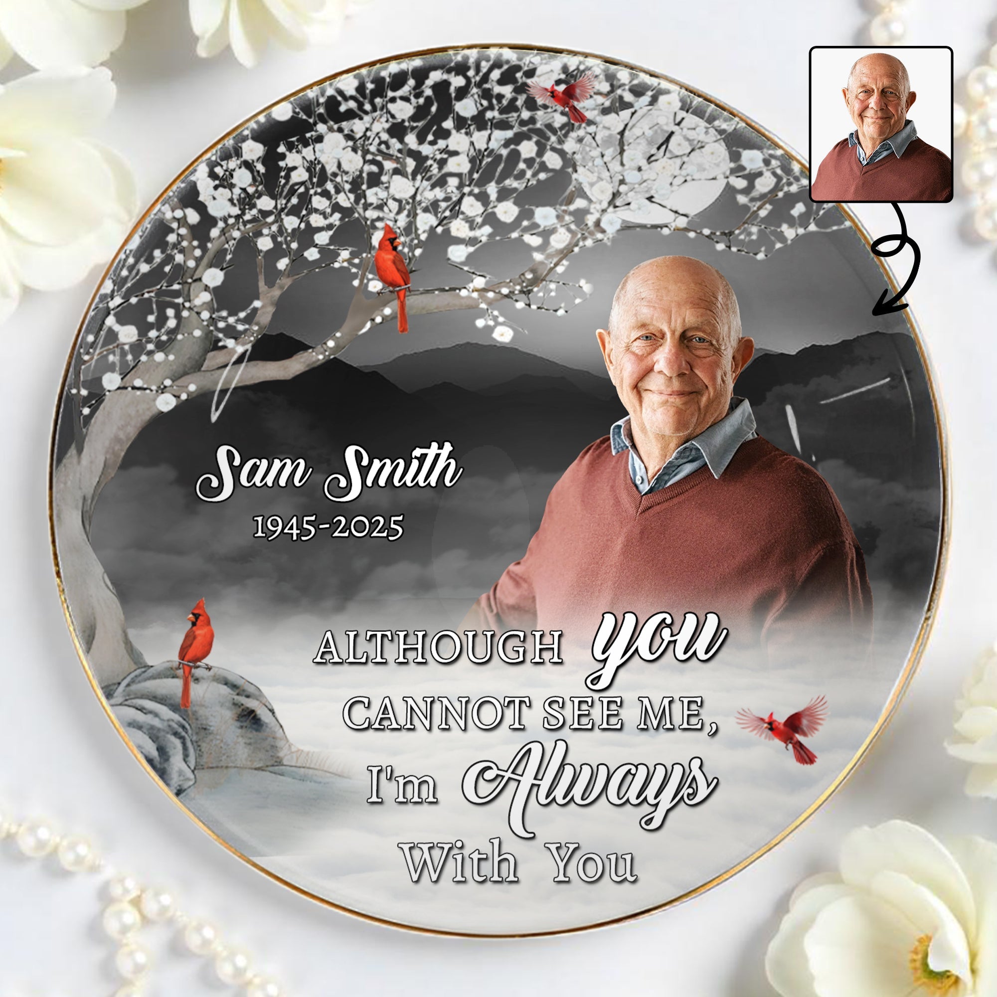 Always With You Memorial Ceramic Dish With Cardinal Birds - Personalized Custom Jewelry Dish, Ceramic Dish, Round Shape - HME157_RCRF