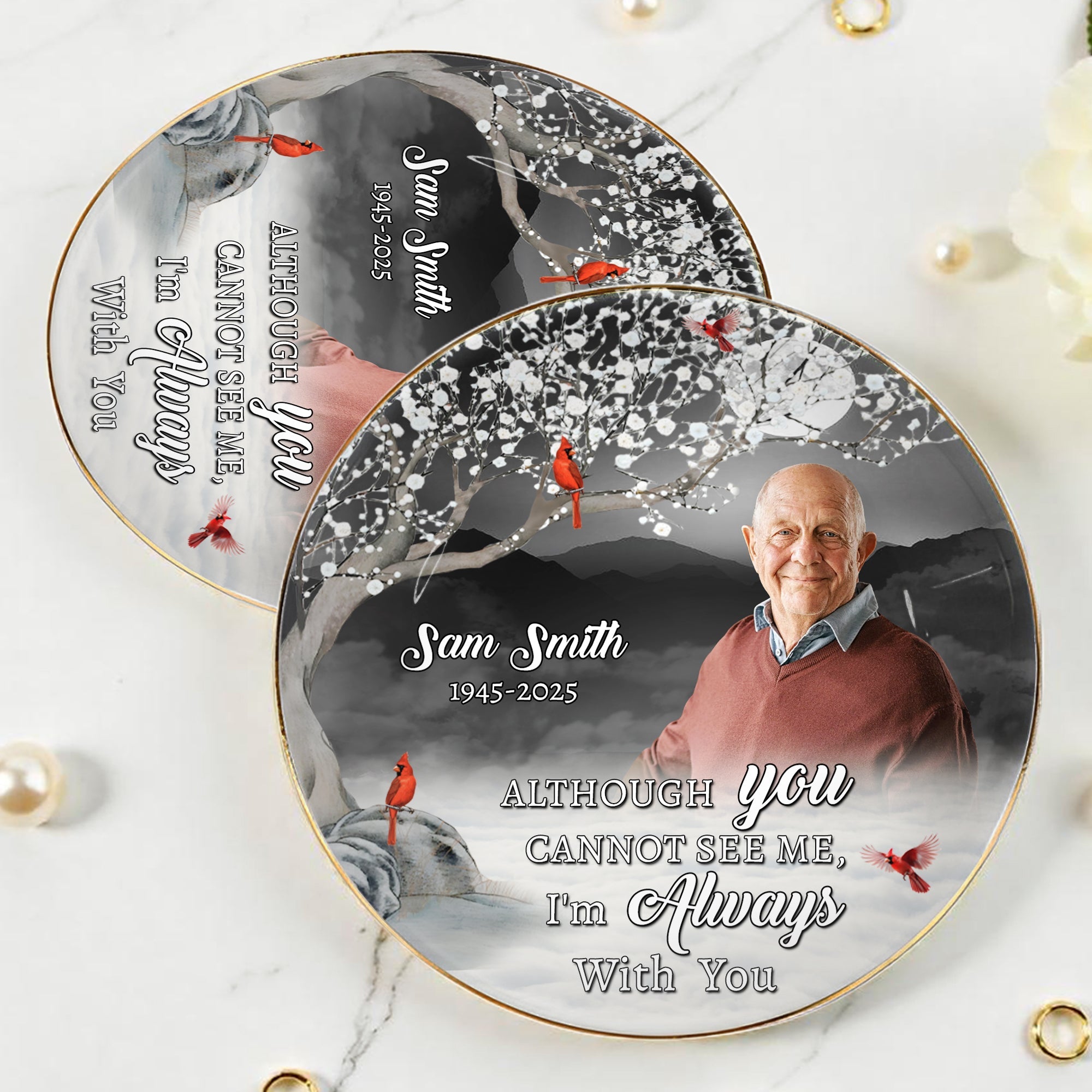 Always With You Memorial Ceramic Dish With Cardinal Birds - Personalized Custom Jewelry Dish, Ceramic Dish, Round Shape - HME157_RCRF