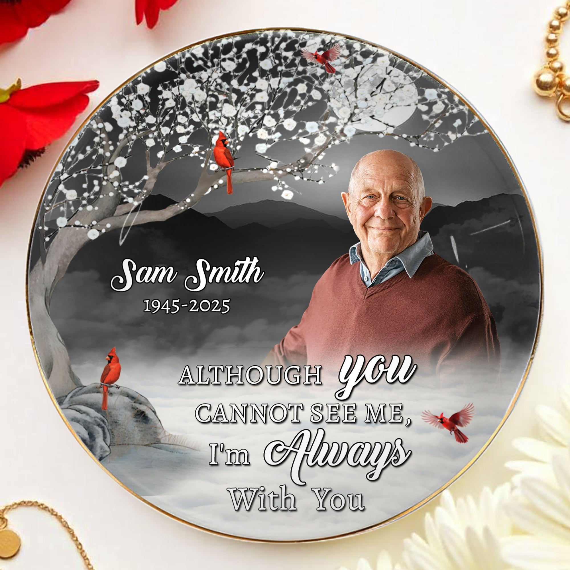 Always With You Memorial Ceramic Dish With Cardinal Birds - Personalized Custom Jewelry Dish, Ceramic Dish, Round Shape - HME157_RCRF