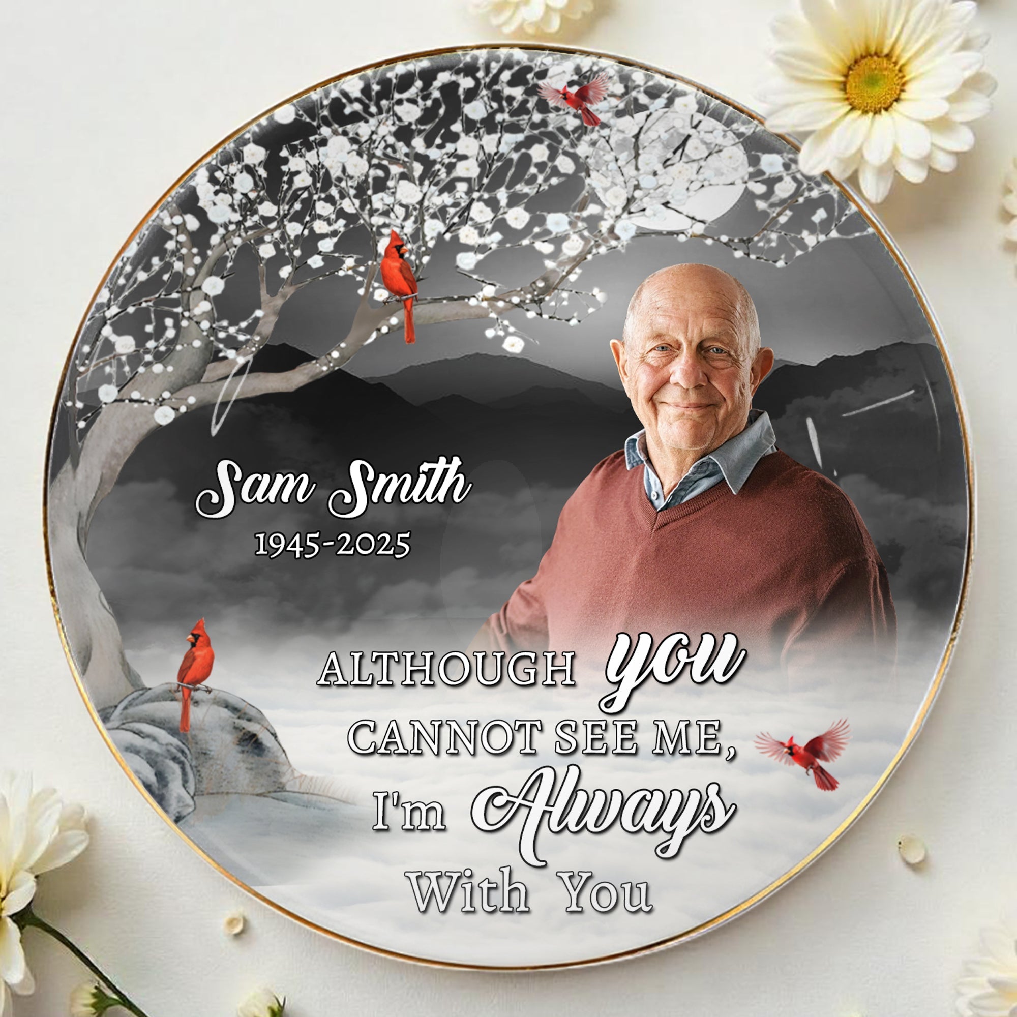 Always With You Memorial Ceramic Dish With Cardinal Birds - Personalized Custom Jewelry Dish, Ceramic Dish, Round Shape - HME157_RCRF