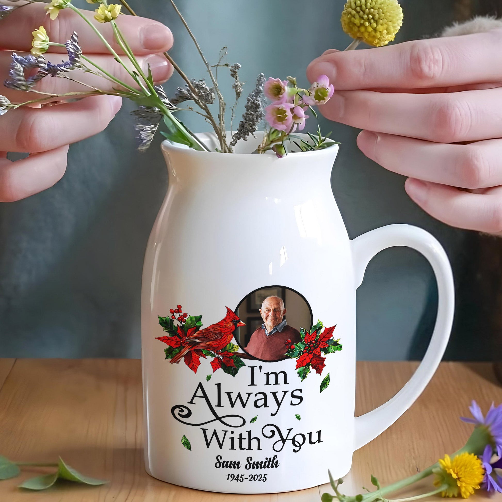 I'm Always With You Cardinal And Holly Design - Personalized Ceramic Flower Vase