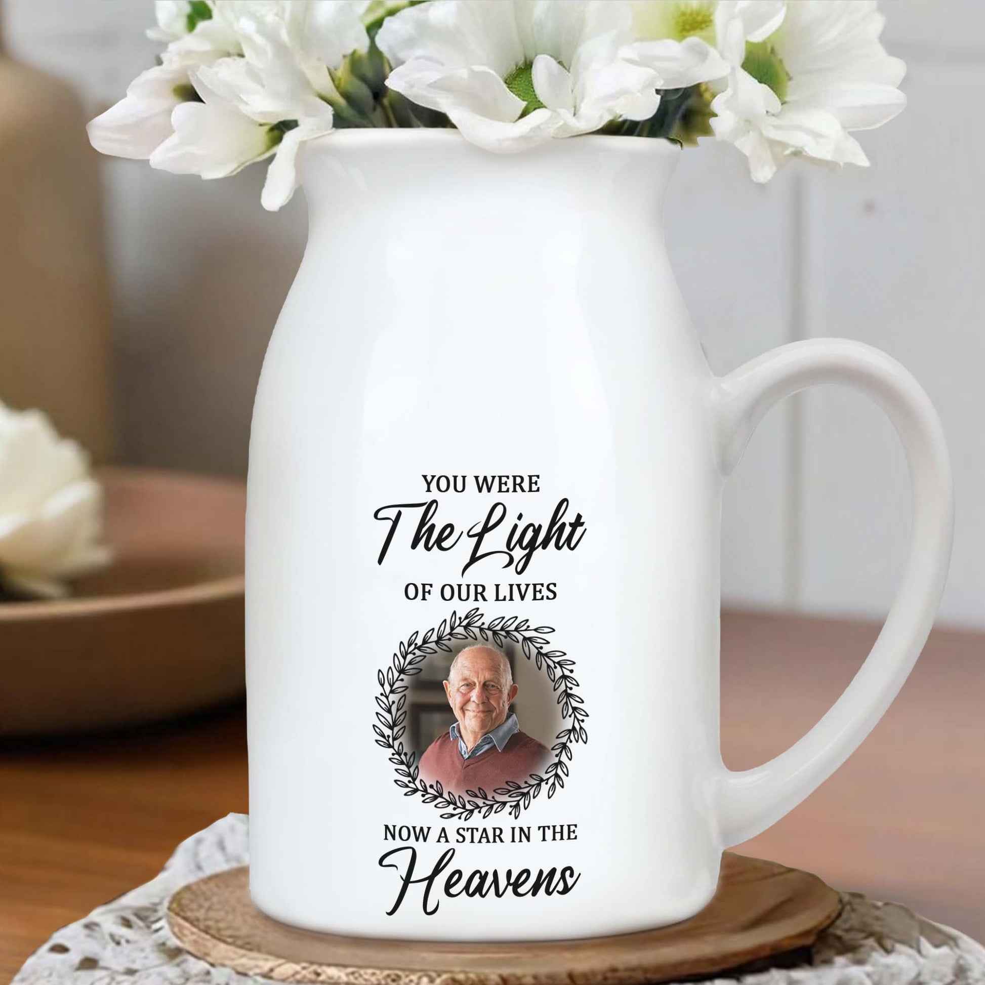 You Were The Light Of Our Lives, Now A Star In The Heavens, Wreath and Photo Frame - Personalized Ceramic Flower Vase