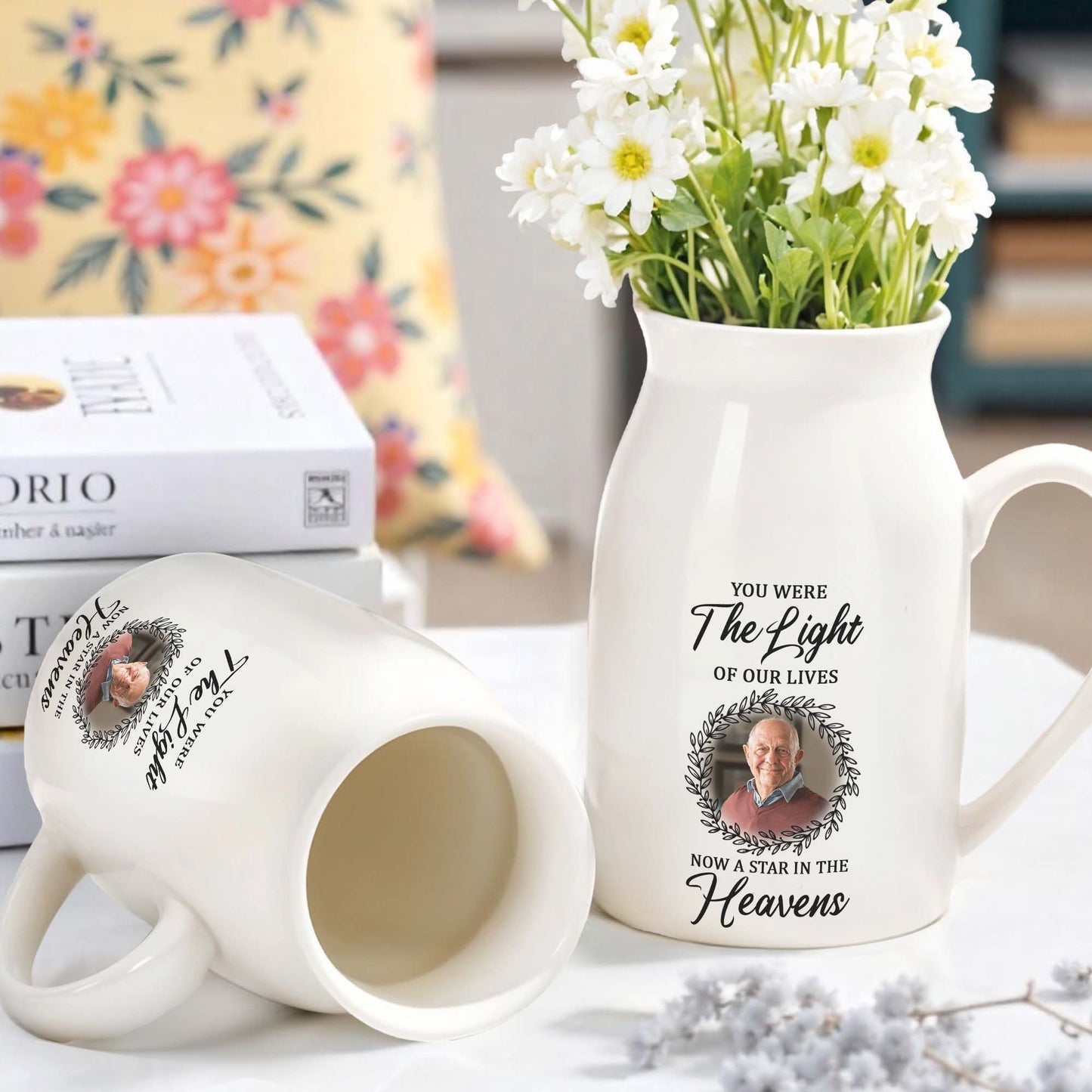 You Were The Light Of Our Lives, Now A Star In The Heavens, Wreath and Photo Frame - Personalized Ceramic Flower Vase