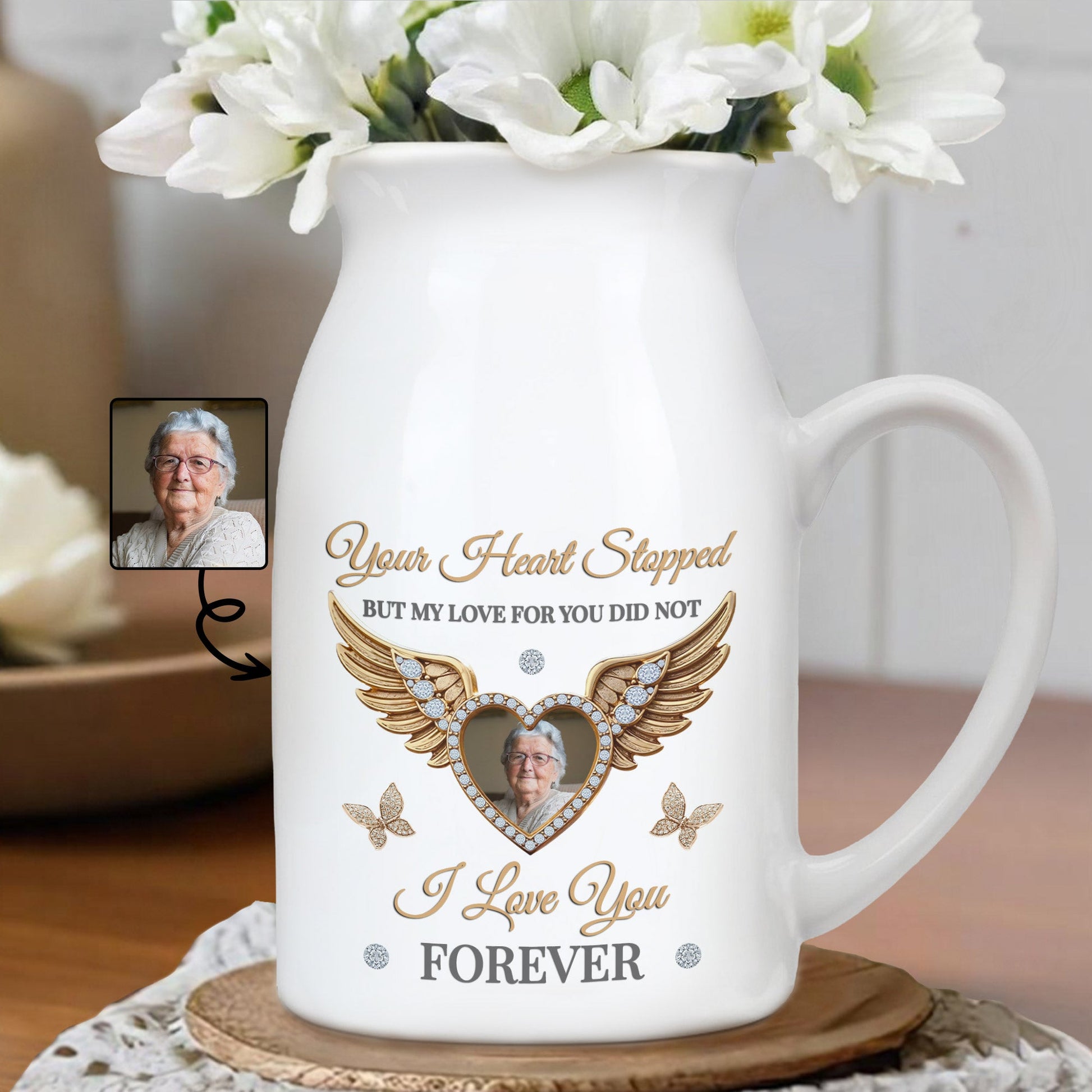 Your Heart Stopped But My Love For You Did Not, Wings and Heart - Personalized Ceramic Flower Vase
