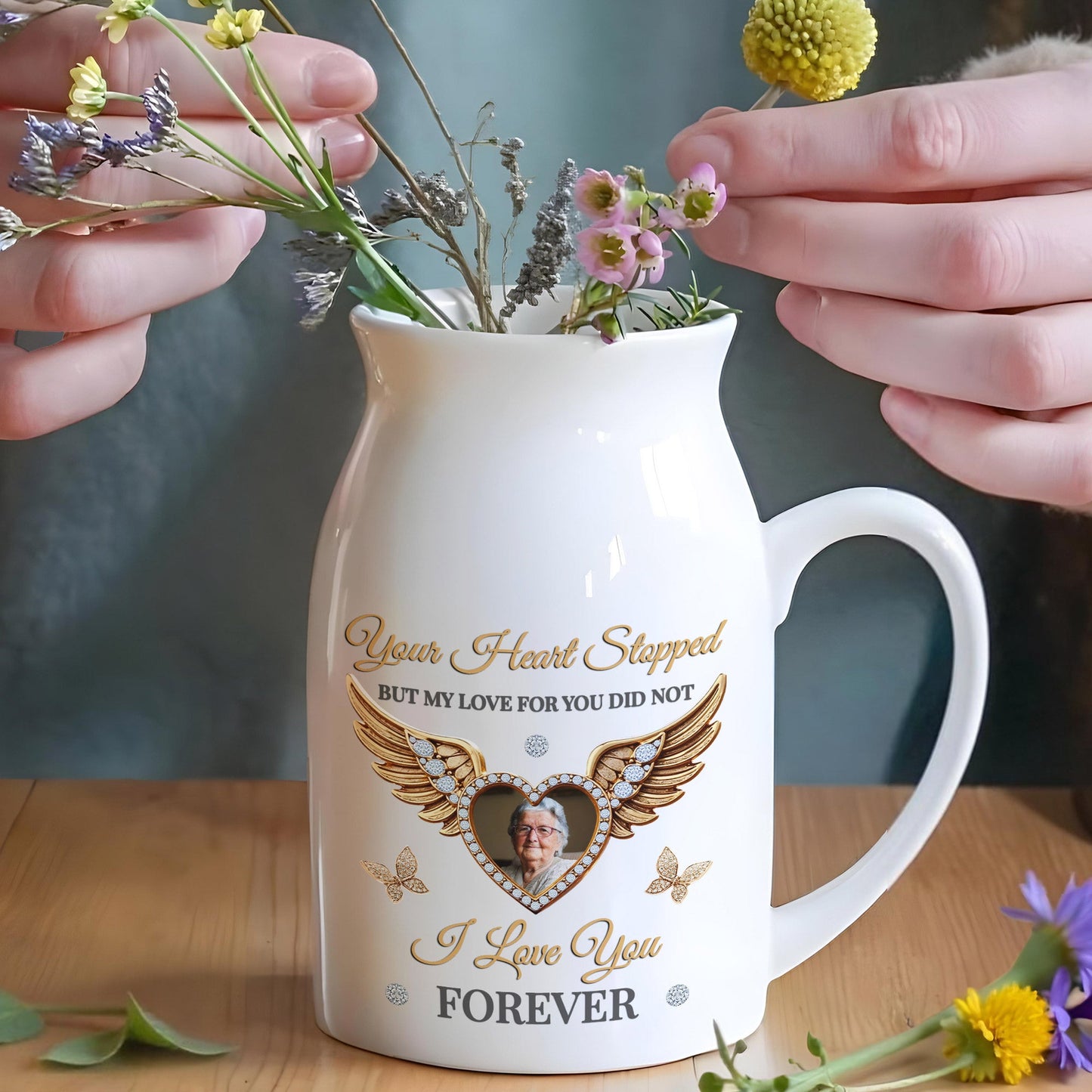 Your Heart Stopped But My Love For You Did Not, Wings and Heart - Personalized Ceramic Flower Vase