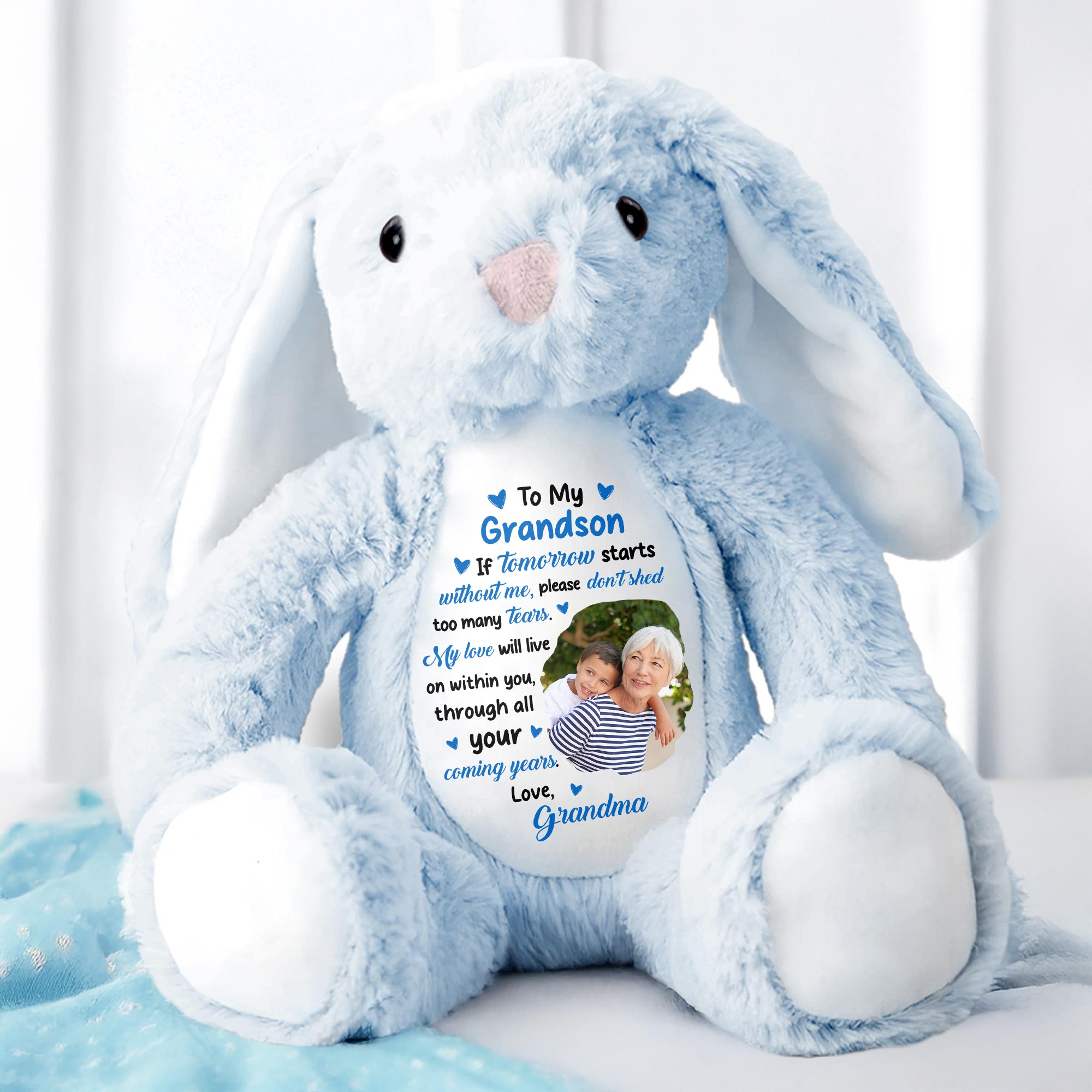 To My Grandson, If Tomorrow Starts Without Me, Stuffed Bunny and Photo Frames - Personalized Stuffed Bunny - HME182_BUN