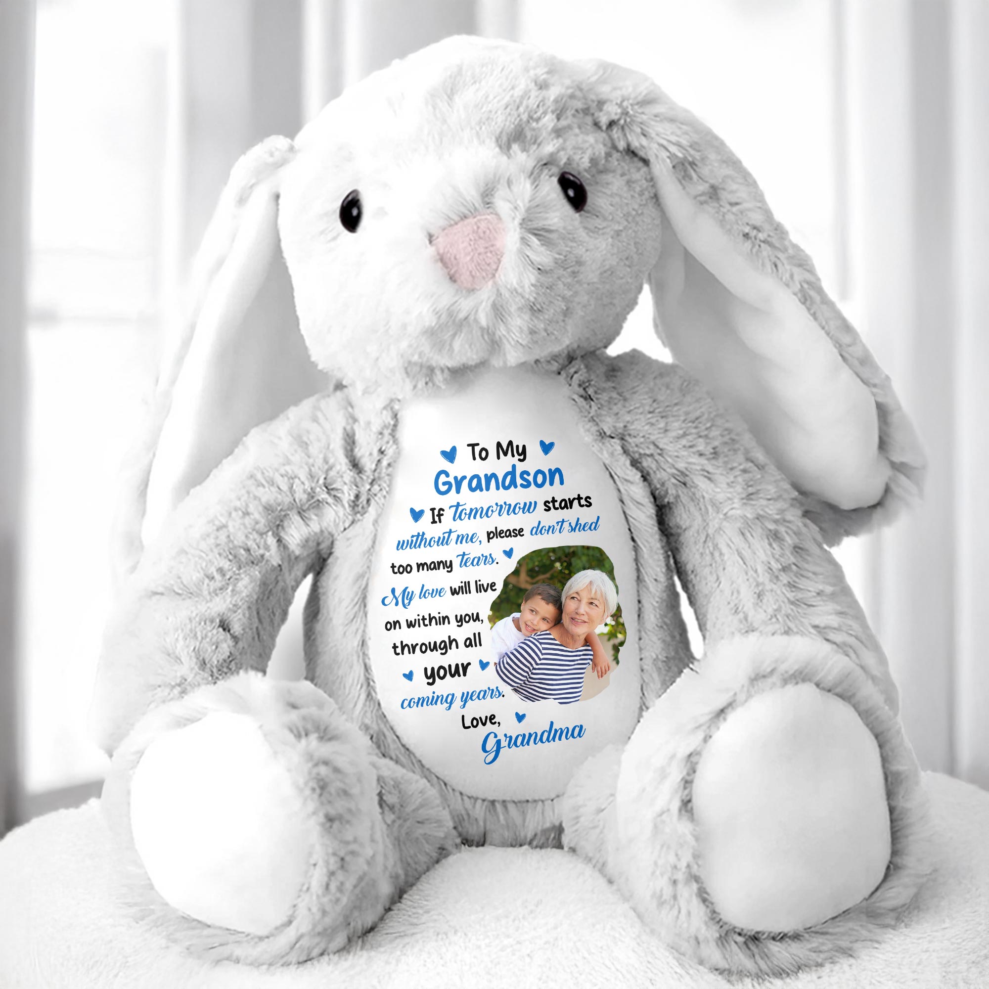 To My Grandson, If Tomorrow Starts Without Me, Stuffed Bunny and Photo Frames - Personalized Stuffed Bunny - HME182_BUN