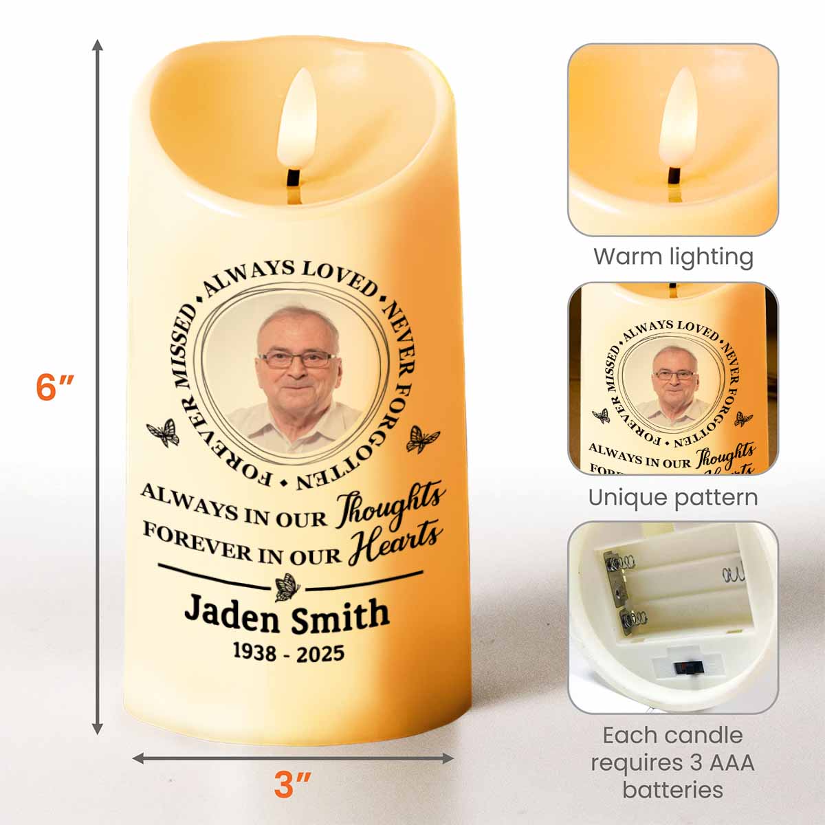 Always In Our Thoughts, Forever In Our Hearts Memorial Candle - Personalized Custom LED Candle - HME213_LECA