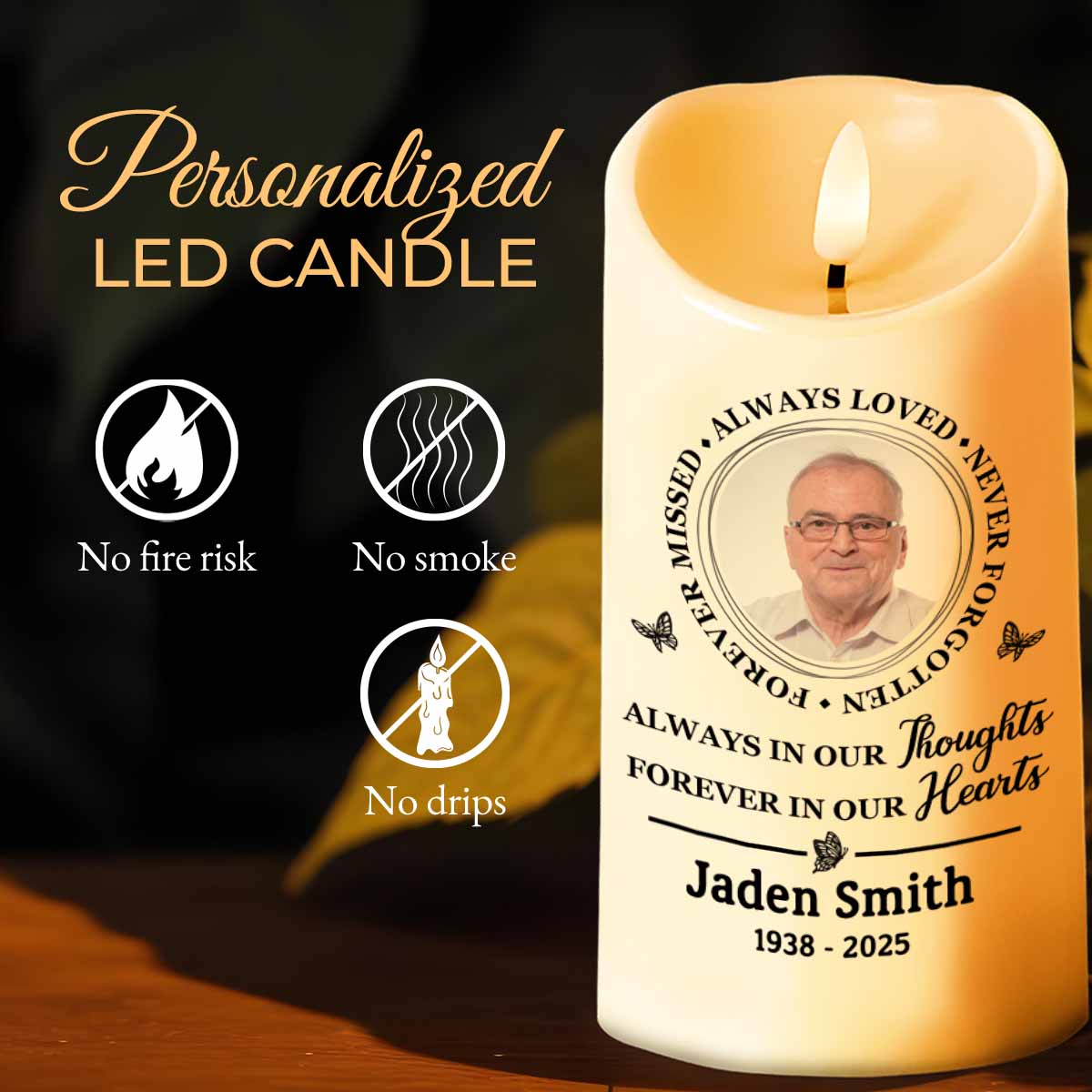 Always In Our Thoughts, Forever In Our Hearts Memorial Candle - Personalized Custom LED Candle - HME213_LECA