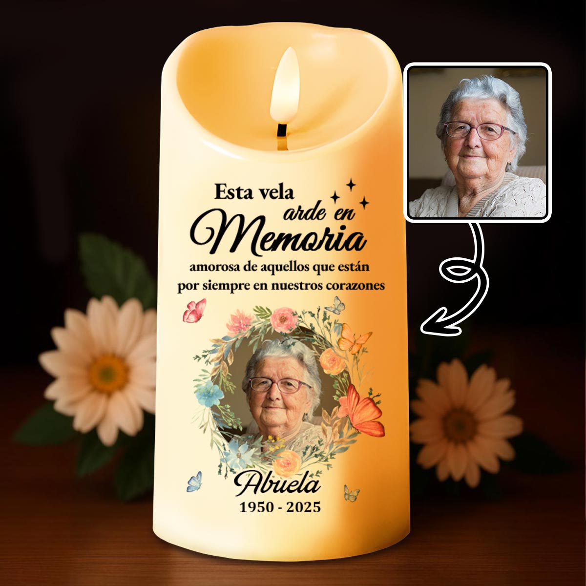 Esta Vela Arde En Memoria Amorosa Candle With Flowers and Butterflies - Personalized Custom LED Candle - HME218_LECA
