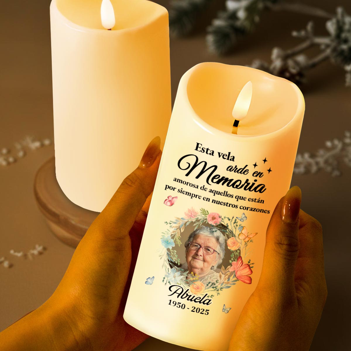 Esta Vela Arde En Memoria Amorosa Candle With Flowers and Butterflies - Personalized Custom LED Candle - HME218_LECA