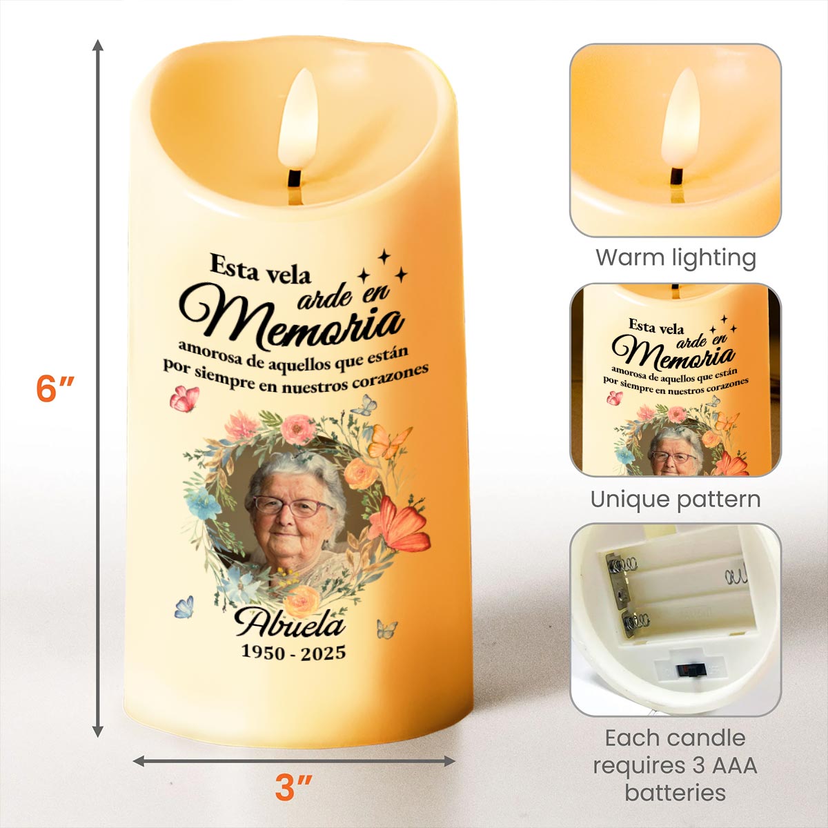 Esta Vela Arde En Memoria Amorosa Candle With Flowers and Butterflies - Personalized Custom LED Candle - HME218_LECA