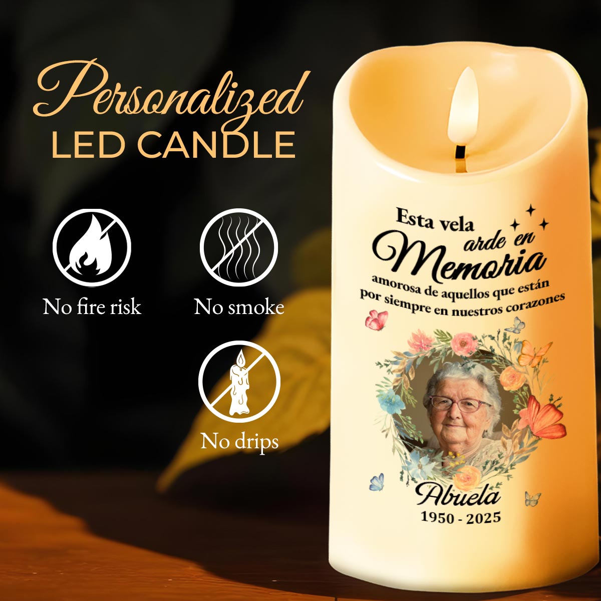 Esta Vela Arde En Memoria Amorosa Candle With Flowers and Butterflies - Personalized Custom LED Candle - HME218_LECA
